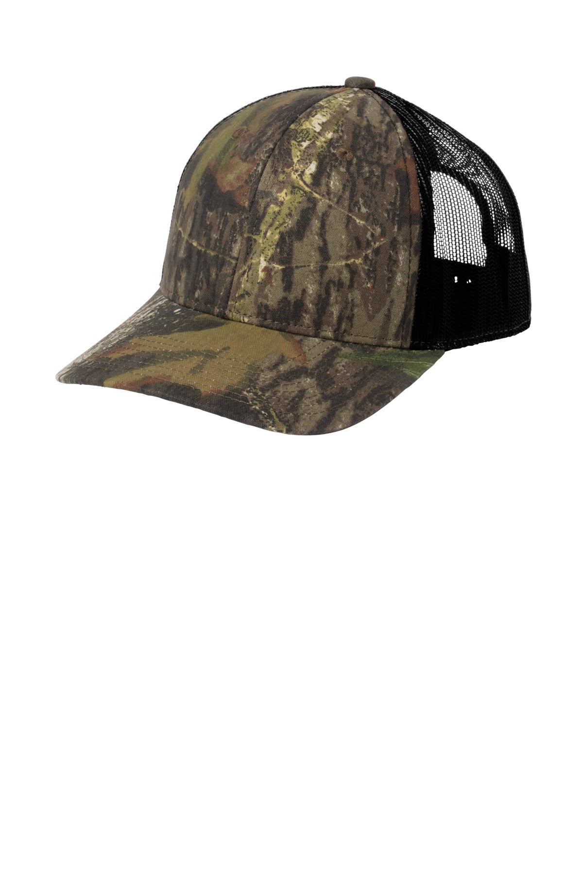 Custom logo Russell Outdoors™ Camo Snapback Trucker Cap RU900 in Mossy Oak New Break Up/ Deep Black