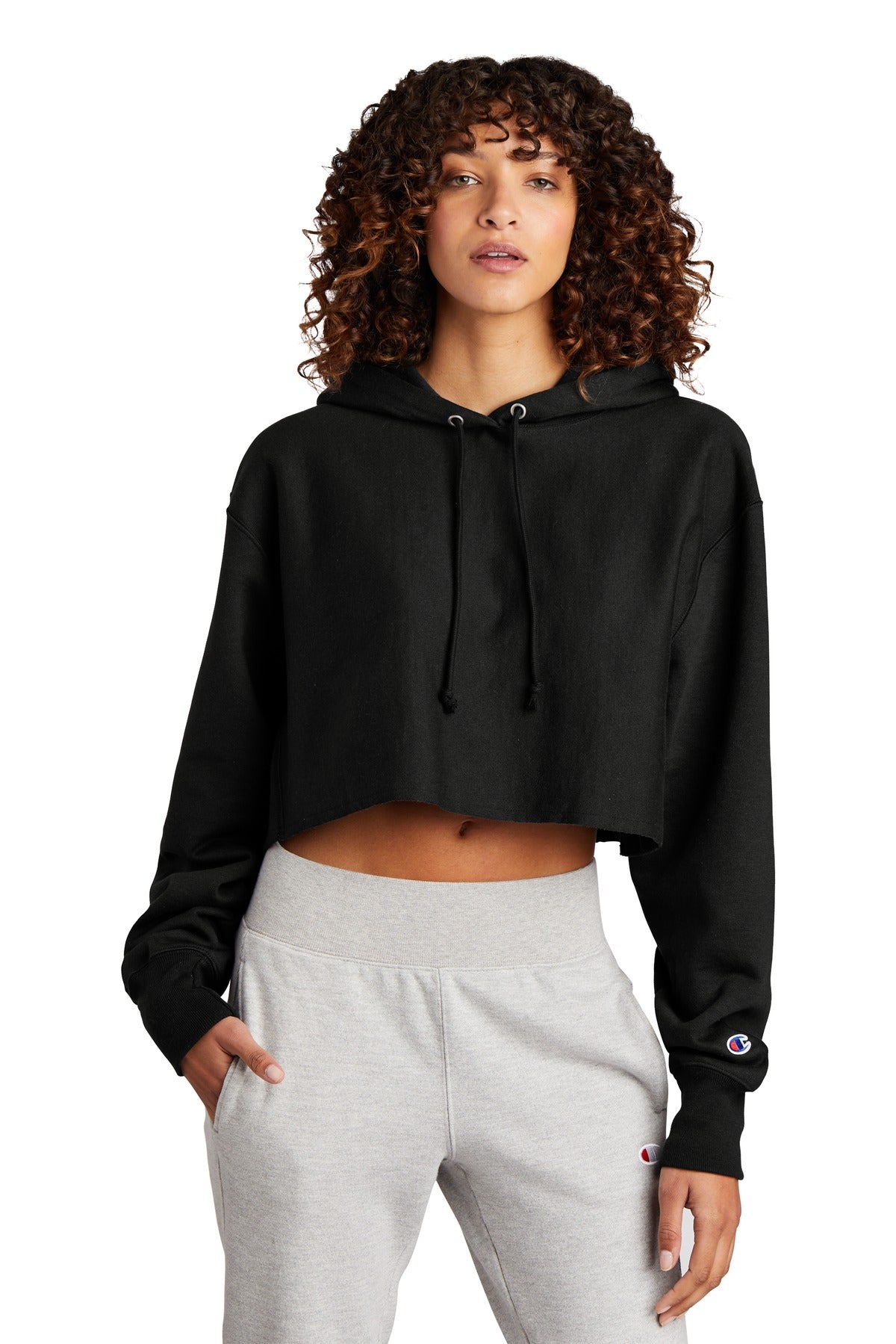 Custom logo Champion ®  Women's Reverse Weave ®  Cropped Cut-Off Hooded Sweatshirt RW01W in Black