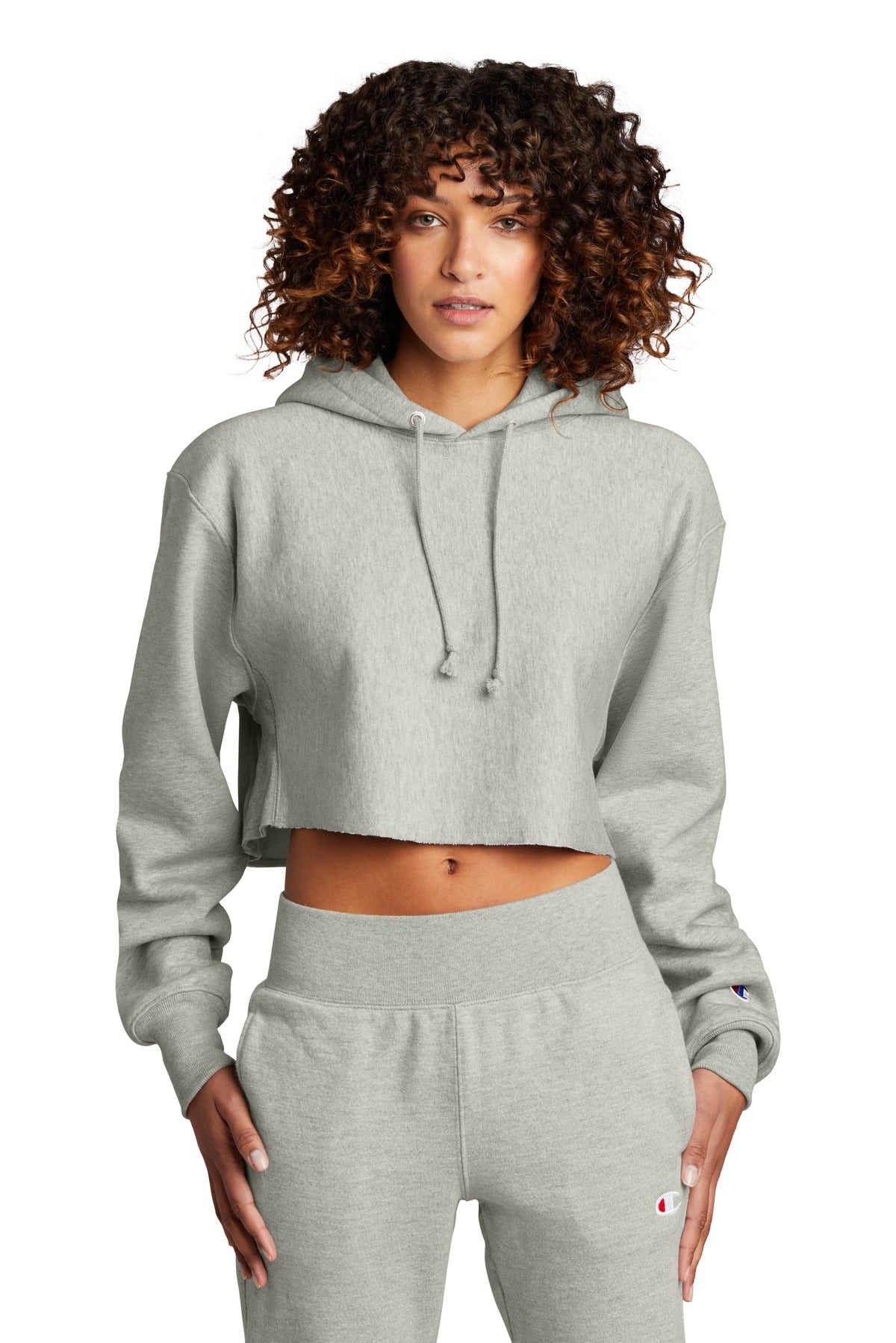Custom logo Champion ®  Women's Reverse Weave ®  Cropped Cut-Off Hooded Sweatshirt RW01W in Oxford Grey