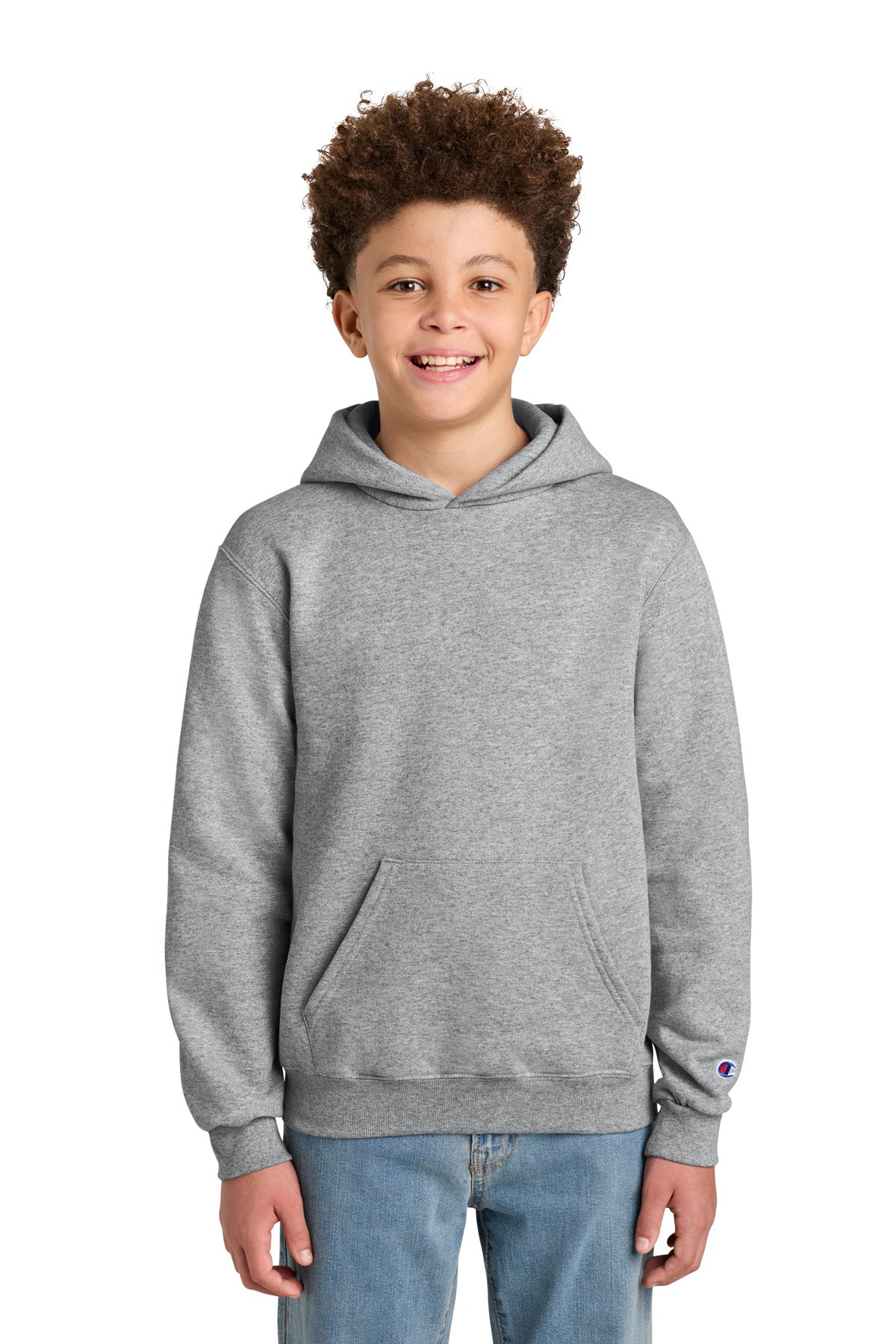 Custom logo Champion® Youth Powerblend® Hooded Sweatshirt S790 in Light Steel