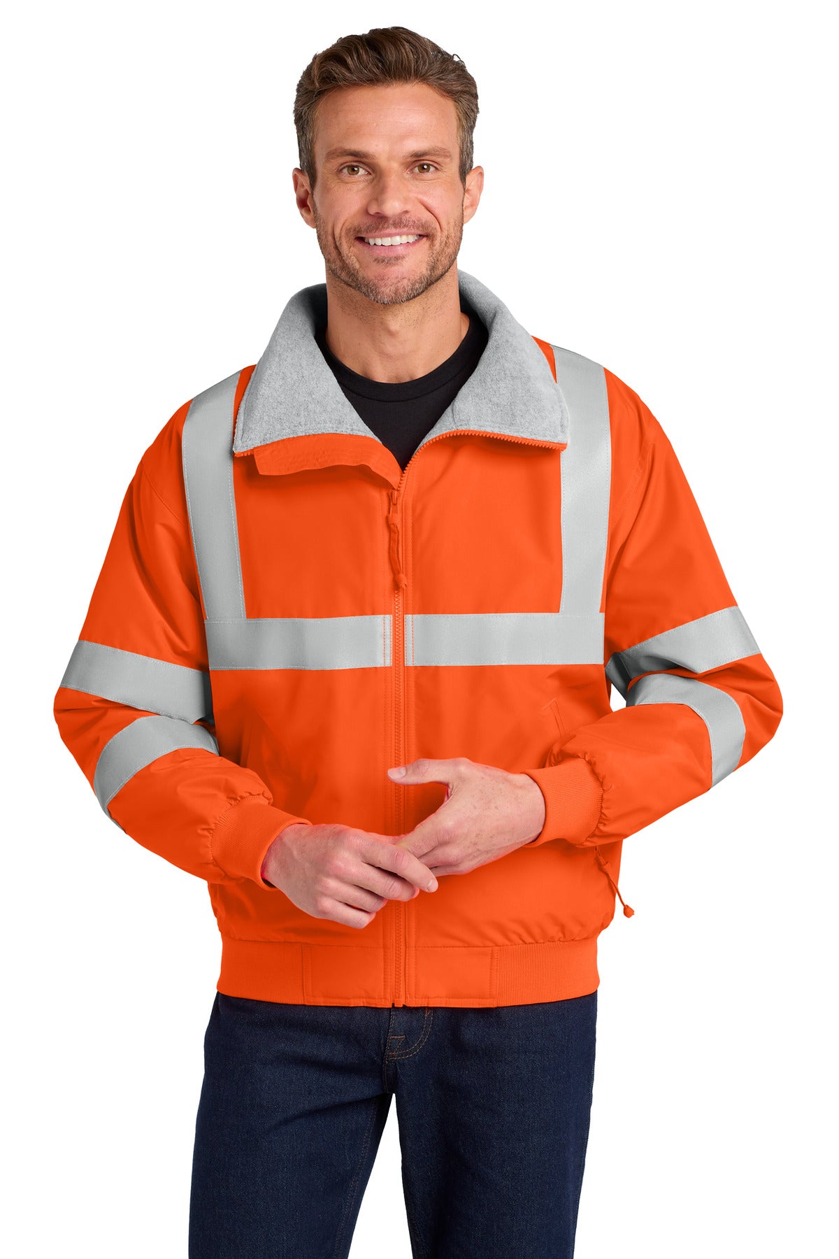 Custom logo Port Authority® Enhanced Visibility Challenger™ Jacket with Reflective Taping.  SRJ754 in Safety Orange