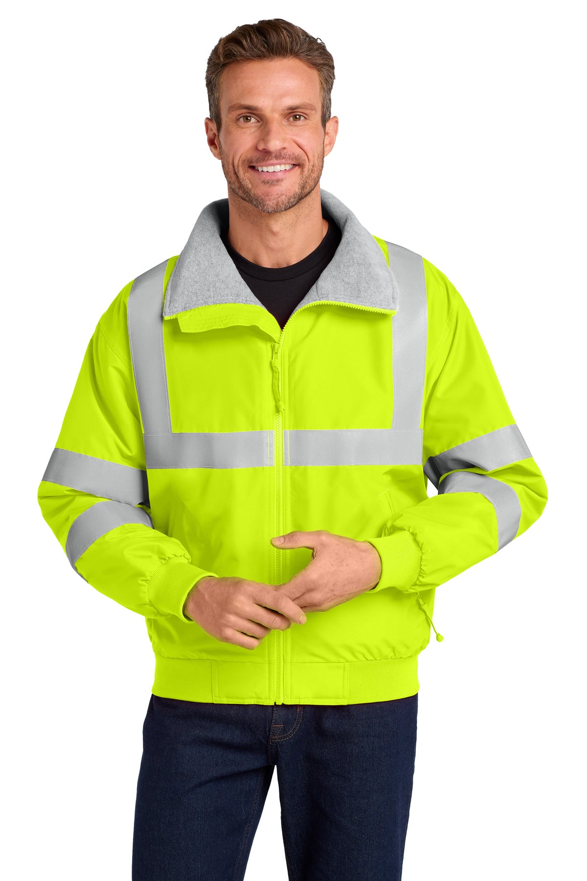 Custom logo Port Authority® Enhanced Visibility Challenger™ Jacket with Reflective Taping.  SRJ754 in Safety Yellow