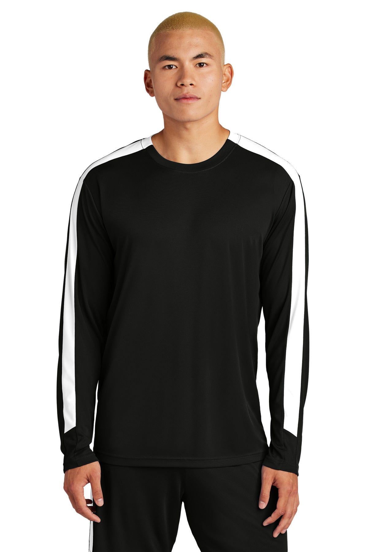 Custom logo Sport-Tek® Competitor™ United Long Sleeve Crew ST100LS in Black/ White