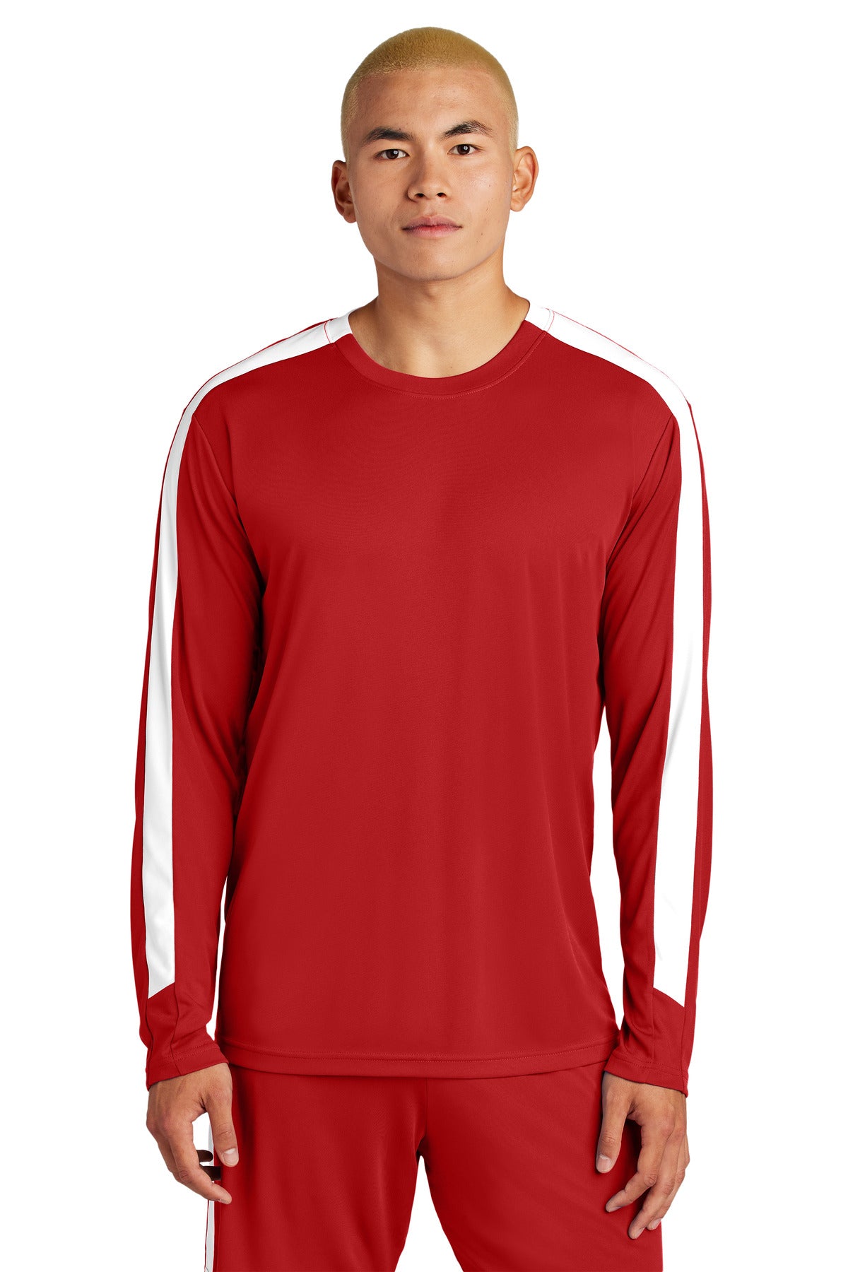 Custom logo Sport-Tek® Competitor™ United Long Sleeve Crew ST100LS in Deep Red/ White