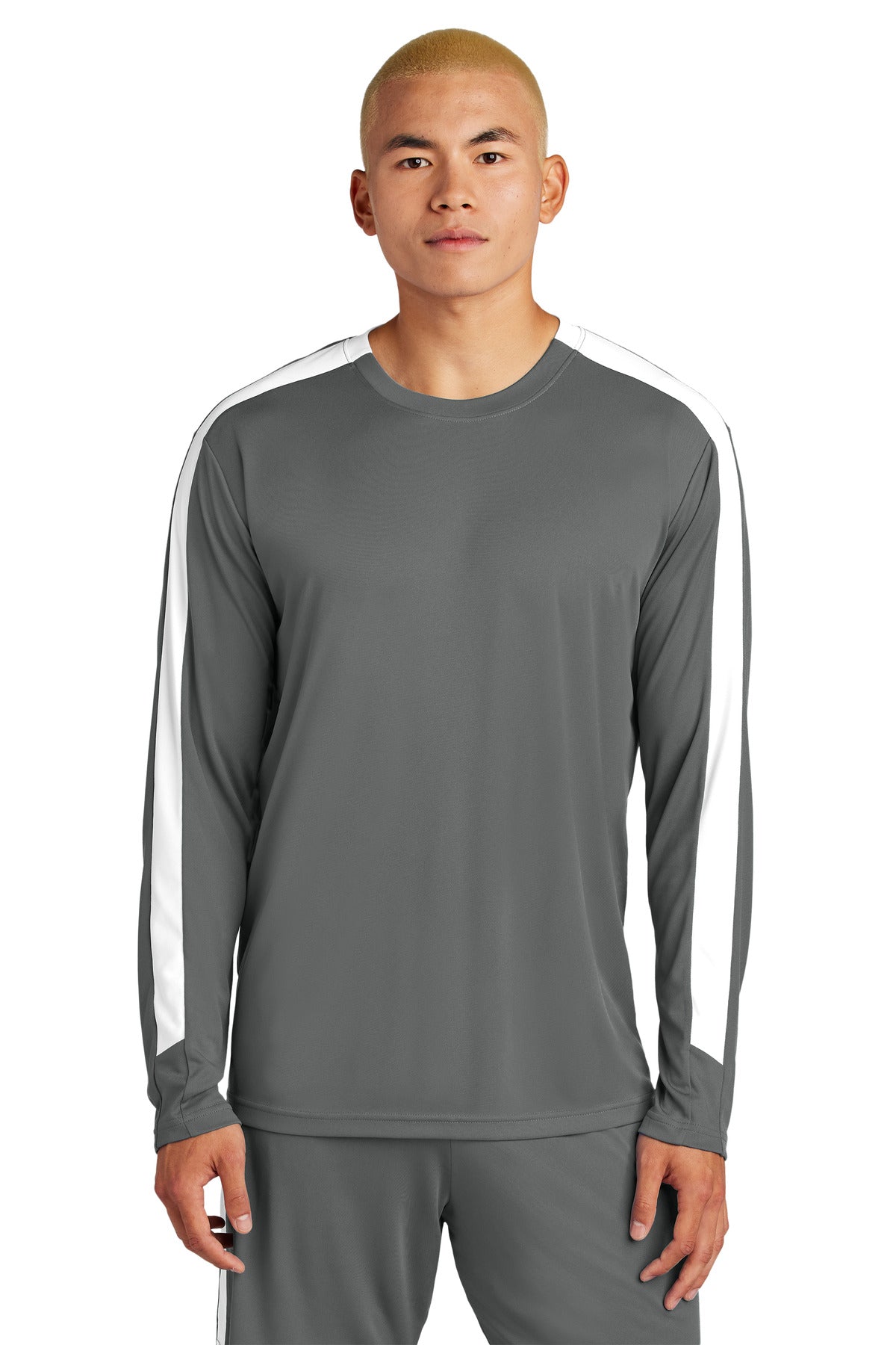 Custom logo Sport-Tek® Competitor™ United Long Sleeve Crew ST100LS in Iron Grey/ White