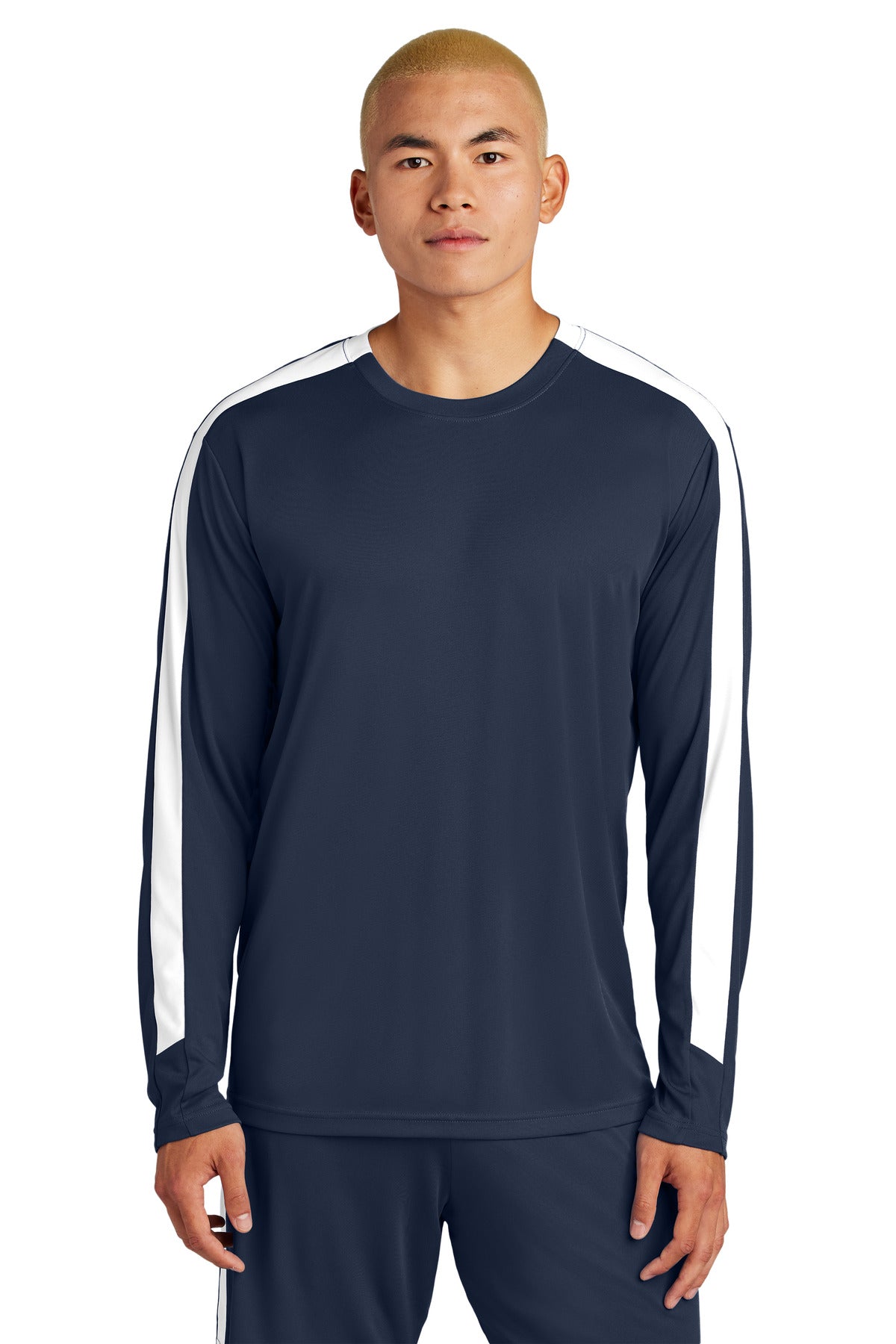 Custom logo Sport-Tek® Competitor™ United Long Sleeve Crew ST100LS in True Navy/ White