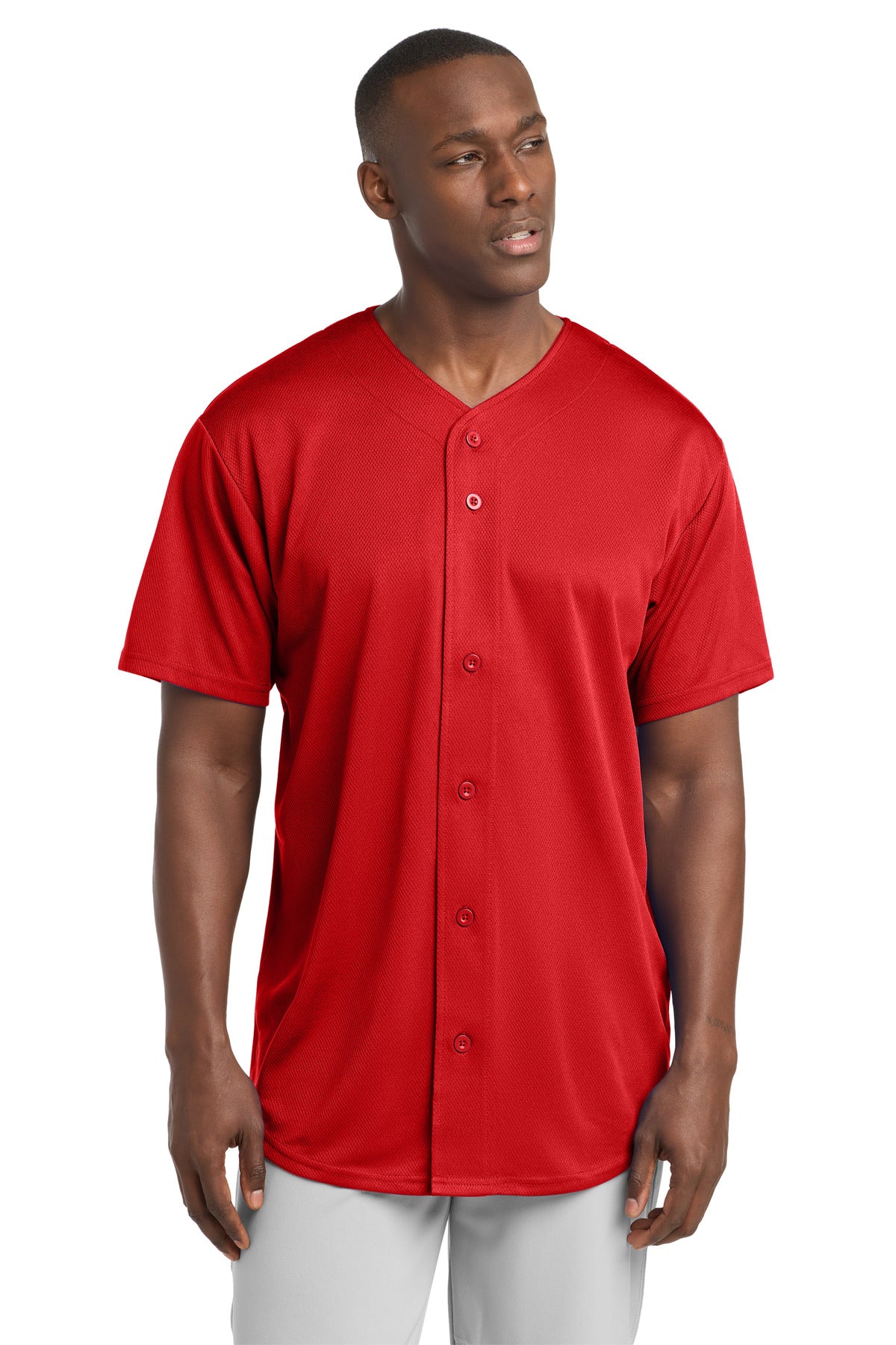 Custom logo Sport-Tek® PosiCharge® Tough Mesh Full-Button Jersey. ST220 in True Red