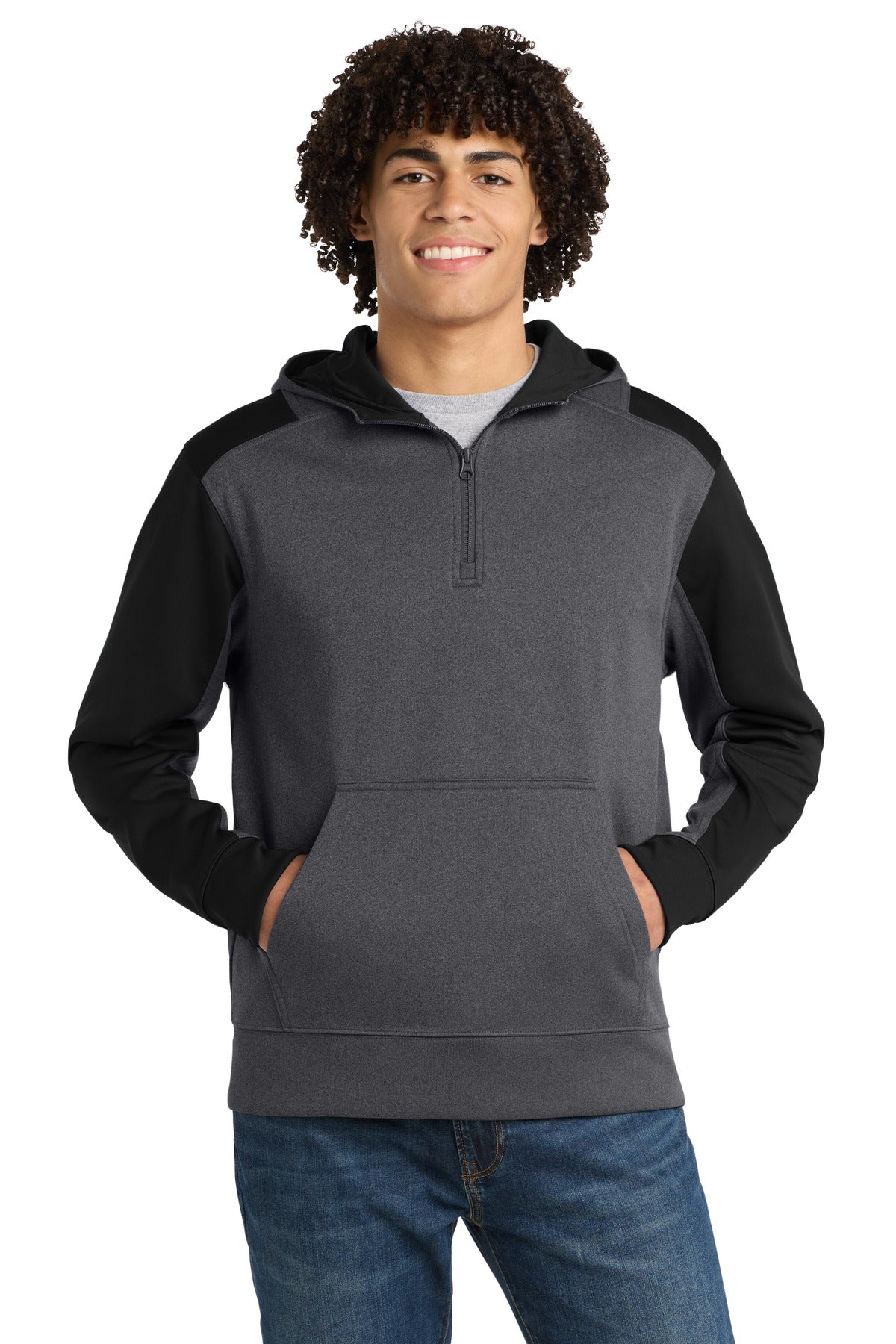 Custom logo Sport-Tek®  Tech Fleece Colorblock 1/4-Zip Hooded Sweatshirt. ST249 in Graphite Heather/ Black