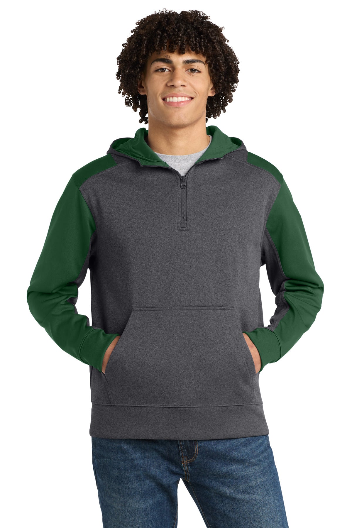 Custom logo Sport-Tek®  Tech Fleece Colorblock 1/4-Zip Hooded Sweatshirt. ST249 in Graphite Heather/ Forest Green