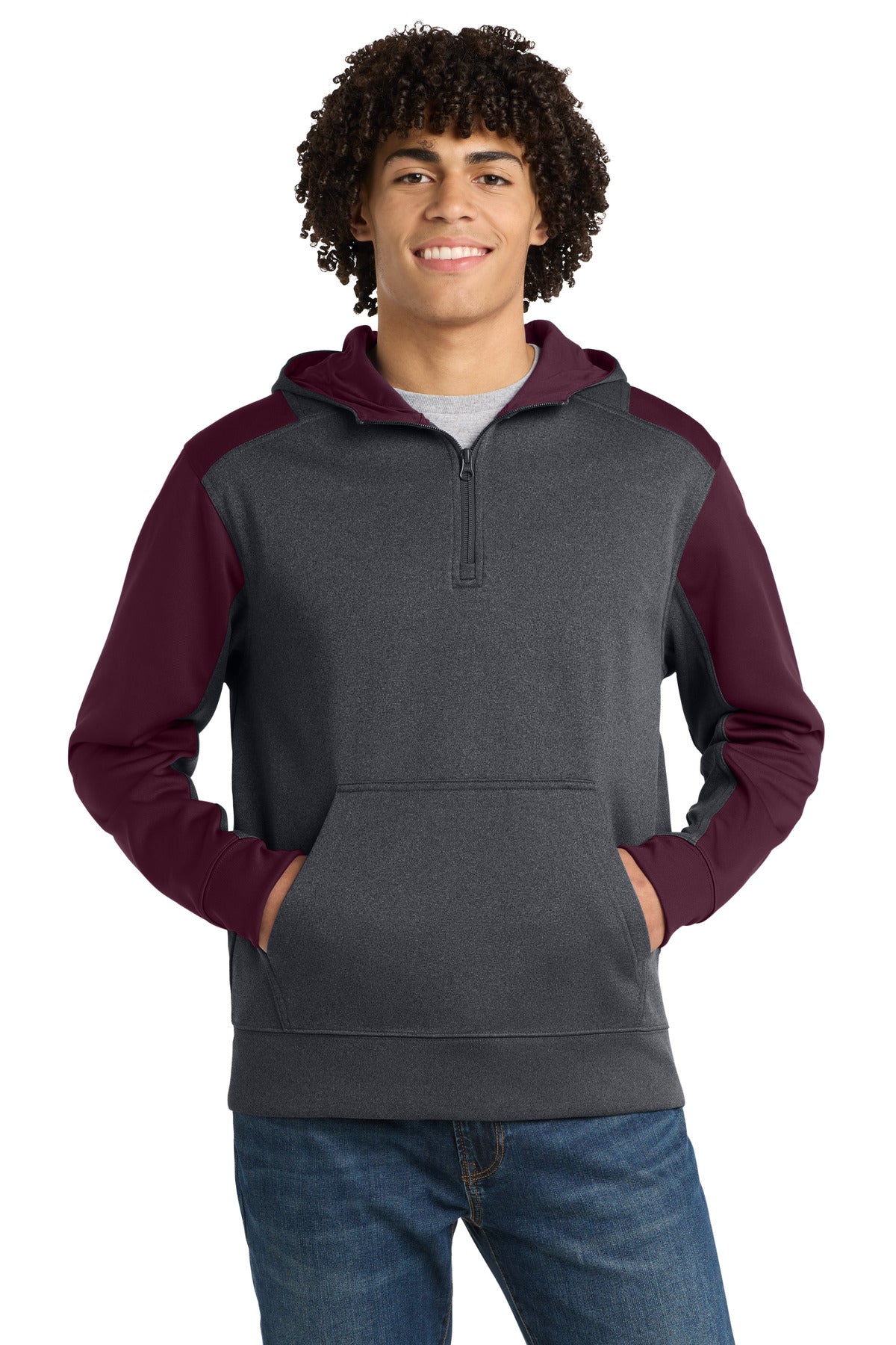 Custom logo Sport-Tek®  Tech Fleece Colorblock 1/4-Zip Hooded Sweatshirt. ST249 in Graphite Heather/ Maroon