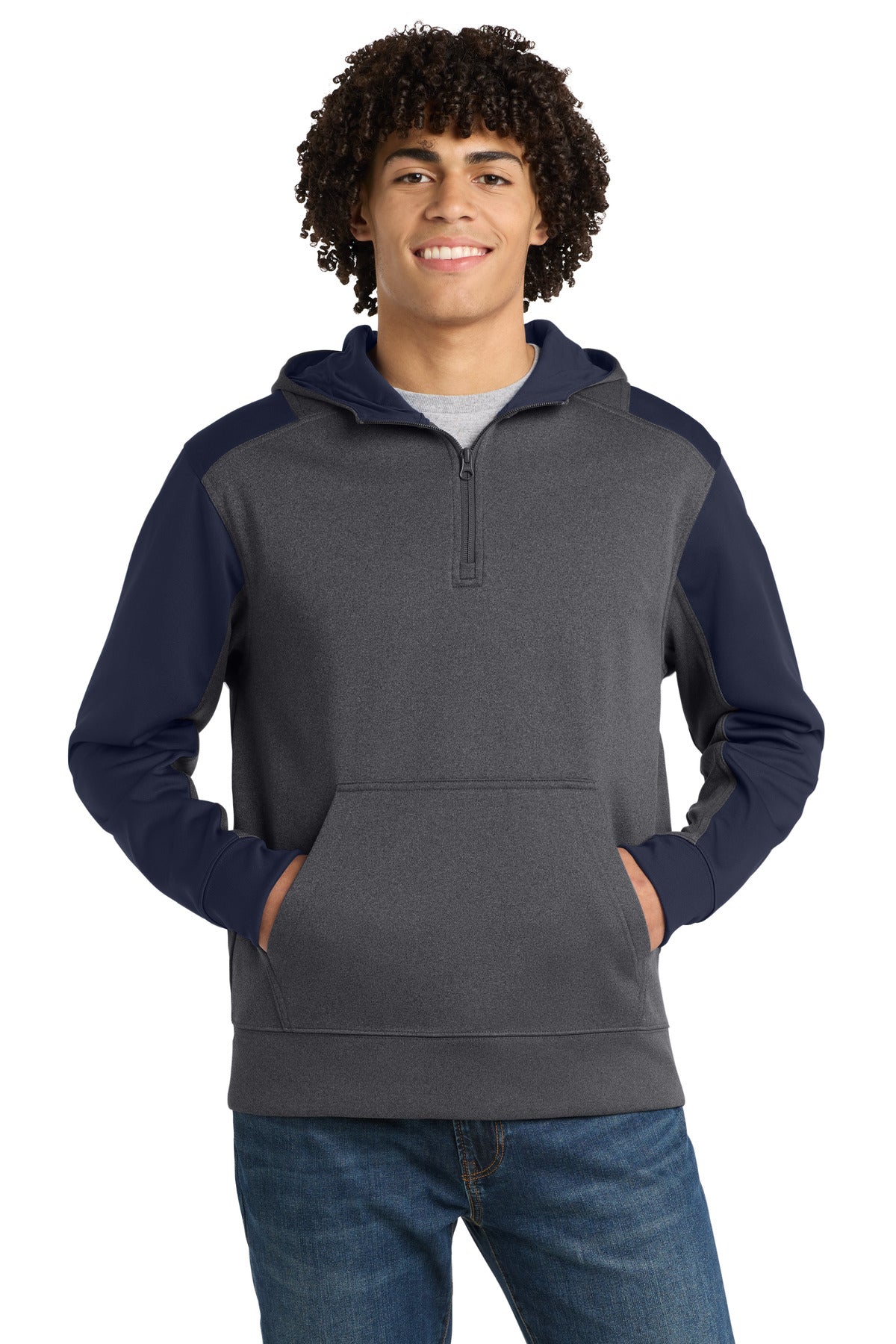 Custom logo Sport-Tek®  Tech Fleece Colorblock 1/4-Zip Hooded Sweatshirt. ST249 in Graphite Heather/ True Navy