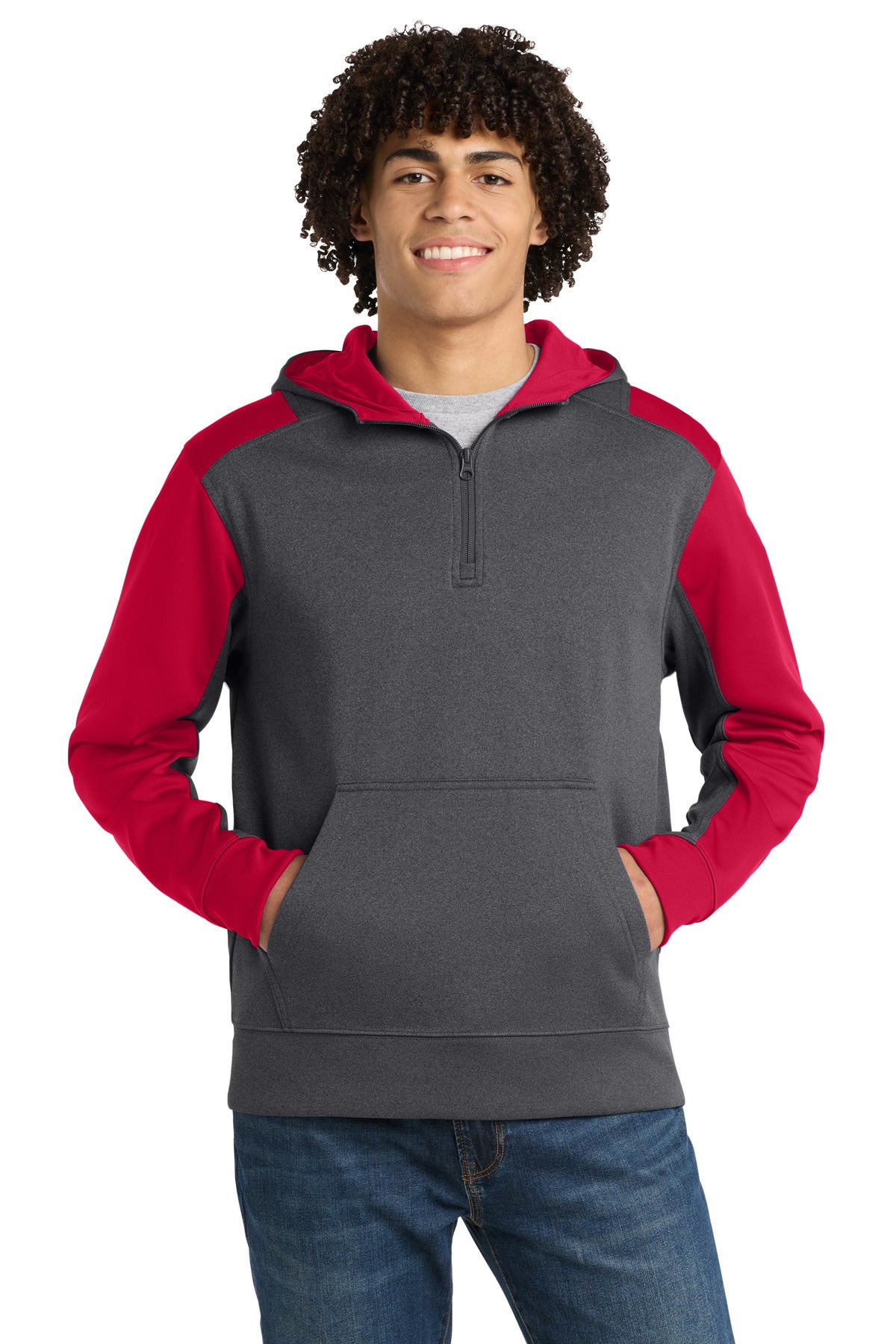 Custom logo Sport-Tek®  Tech Fleece Colorblock 1/4-Zip Hooded Sweatshirt. ST249 in Graphite Heather/ True Red