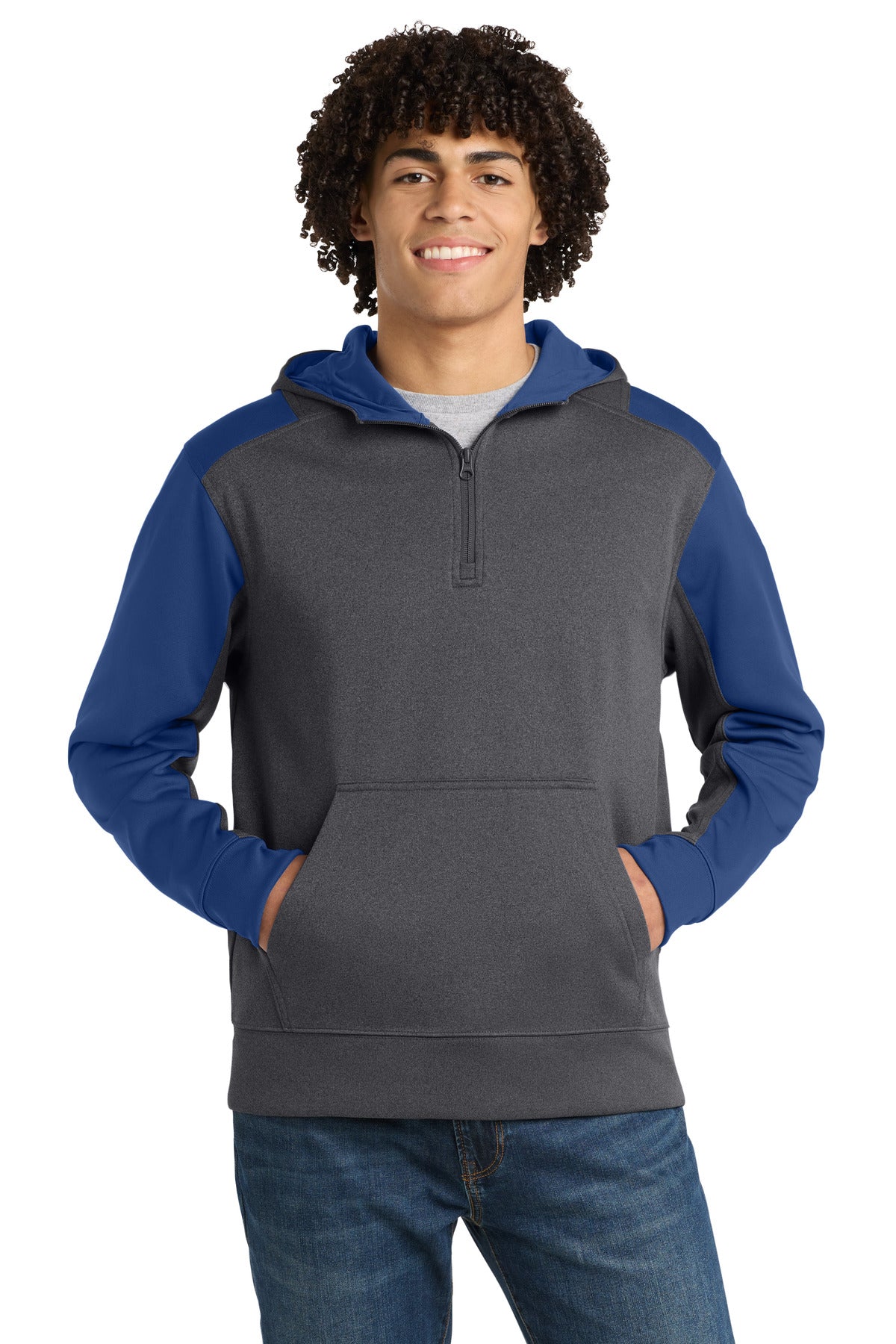 Custom logo Sport-Tek®  Tech Fleece Colorblock 1/4-Zip Hooded Sweatshirt. ST249 in Graphite Heather/ True Royal