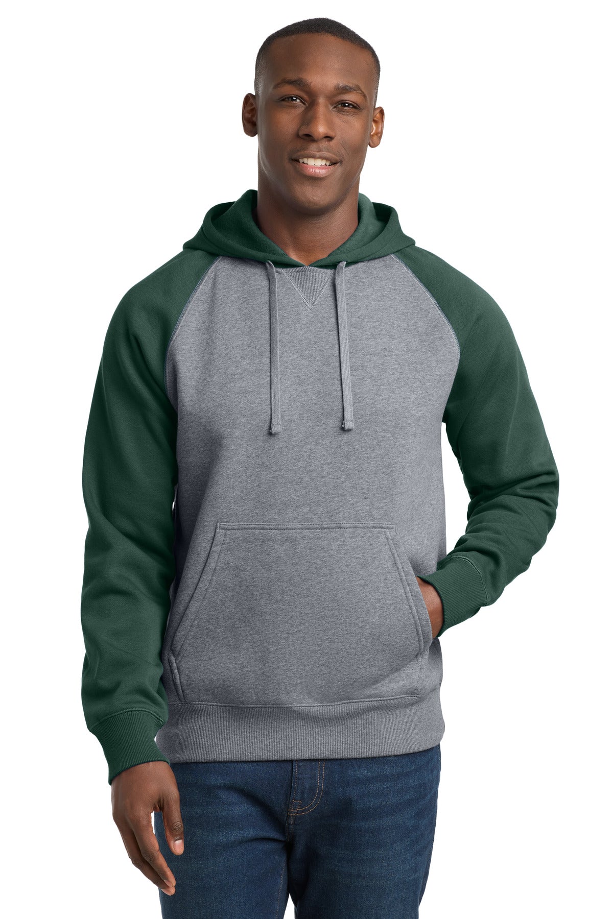 Custom logo Sport-Tek® Raglan Colorblock Pullover Hooded Sweatshirt. ST267 in Forest Green/ Vintage Heather