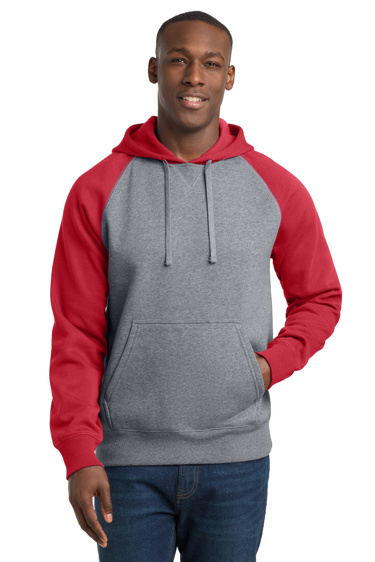 Custom logo Sport-Tek® Raglan Colorblock Pullover Hooded Sweatshirt. ST267 in True Red/ Vintage Heather