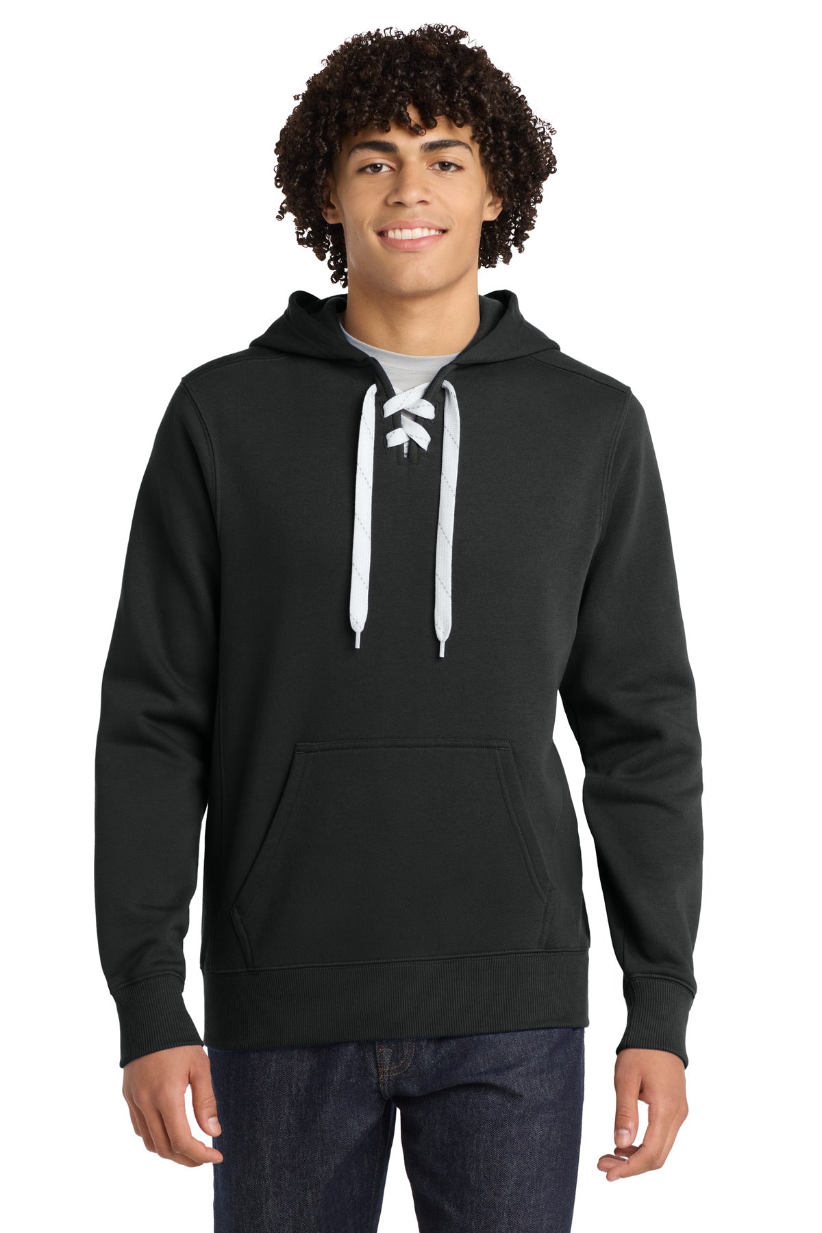 Custom logo Sport-Tek® Lace Up Pullover Hooded Sweatshirt. ST271 in Black