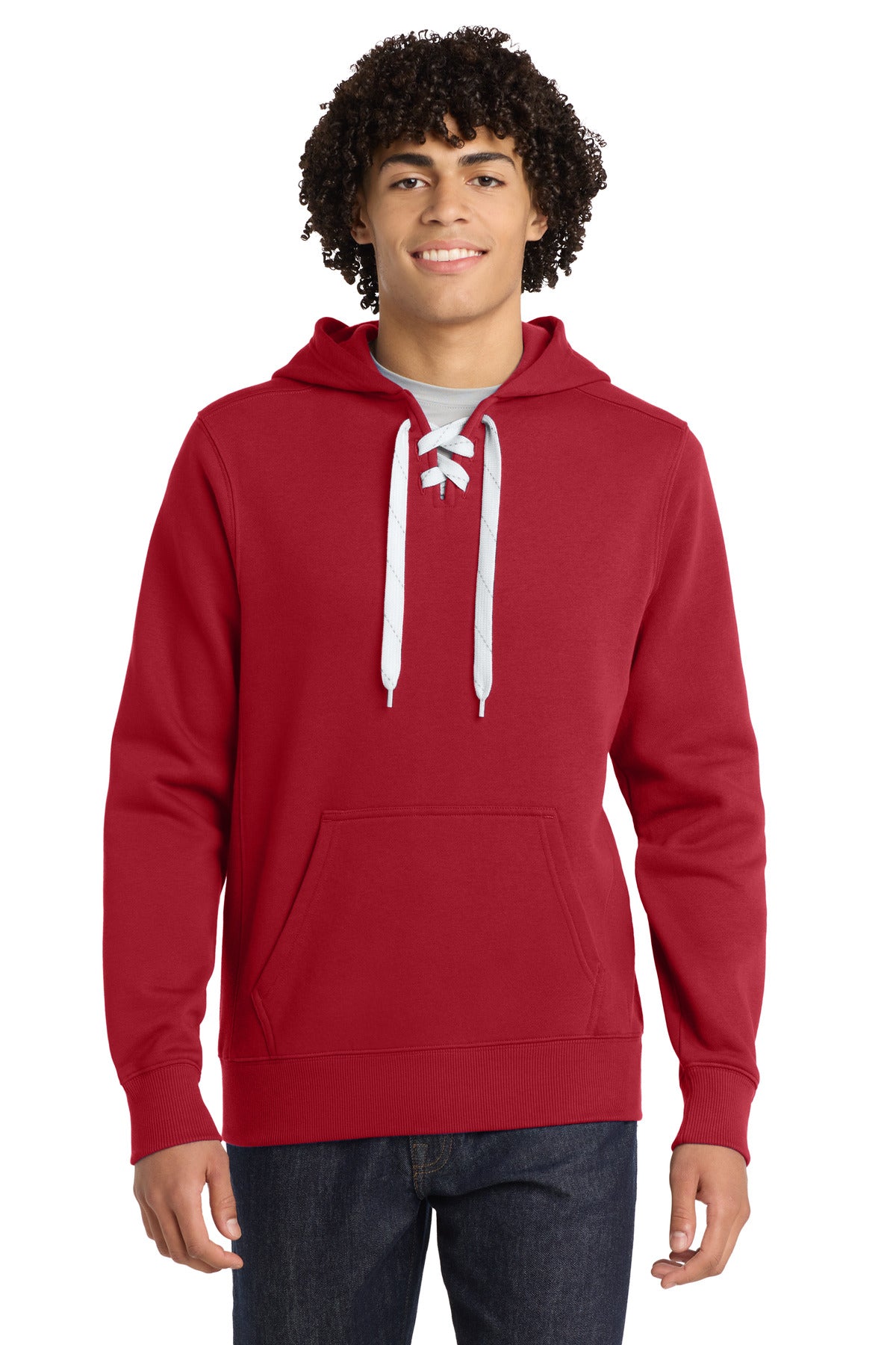 Custom logo Sport-Tek® Lace Up Pullover Hooded Sweatshirt. ST271 in Deep Red