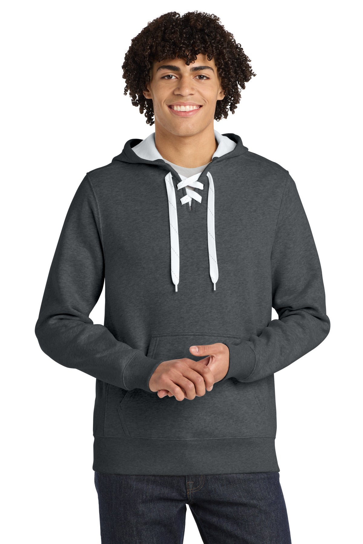 Custom logo Sport-Tek® Lace Up Pullover Hooded Sweatshirt. ST271 in Graphite Heather