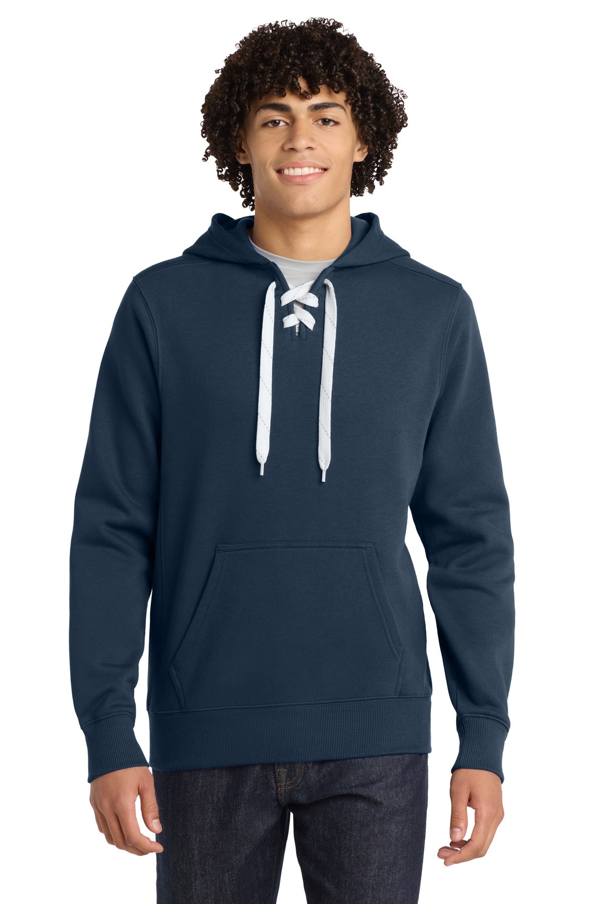 Custom logo Sport-Tek® Lace Up Pullover Hooded Sweatshirt. ST271 in True Navy