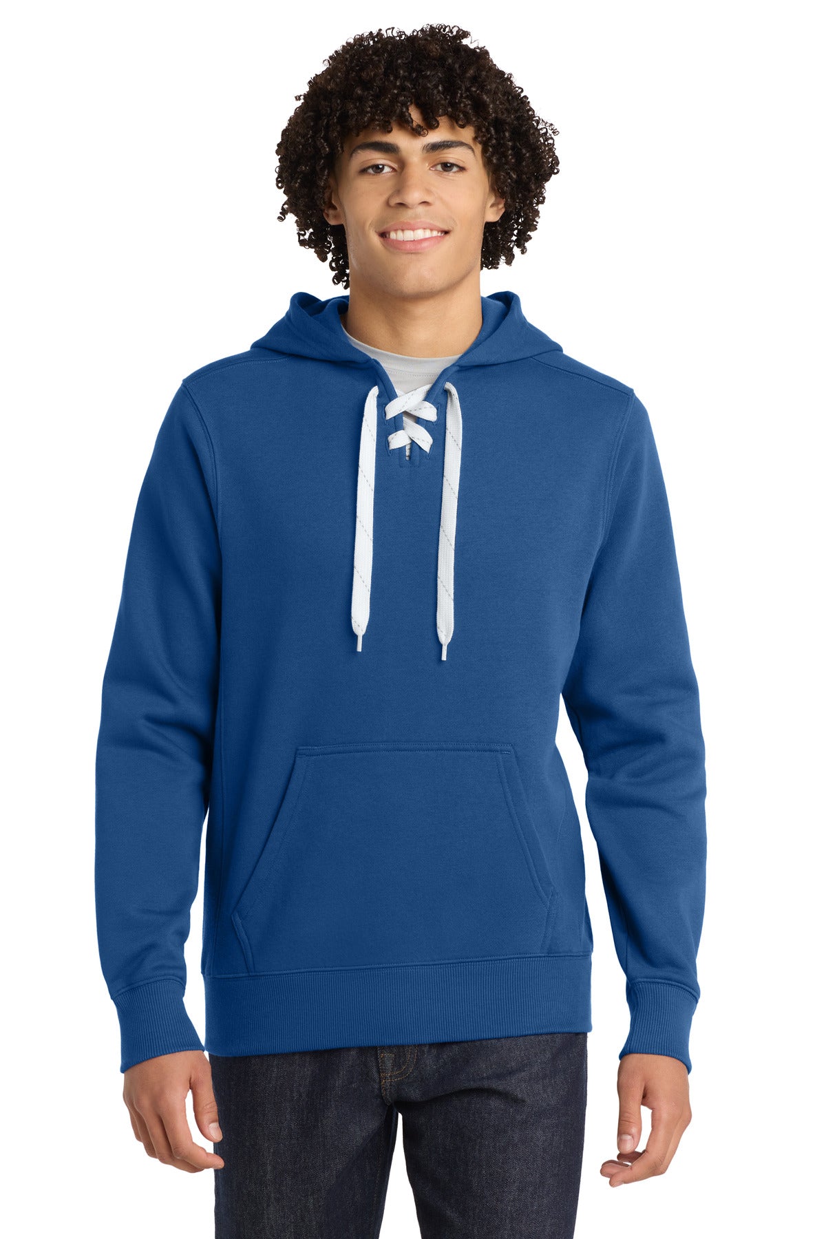 Custom logo Sport-Tek® Lace Up Pullover Hooded Sweatshirt. ST271 in True Royal