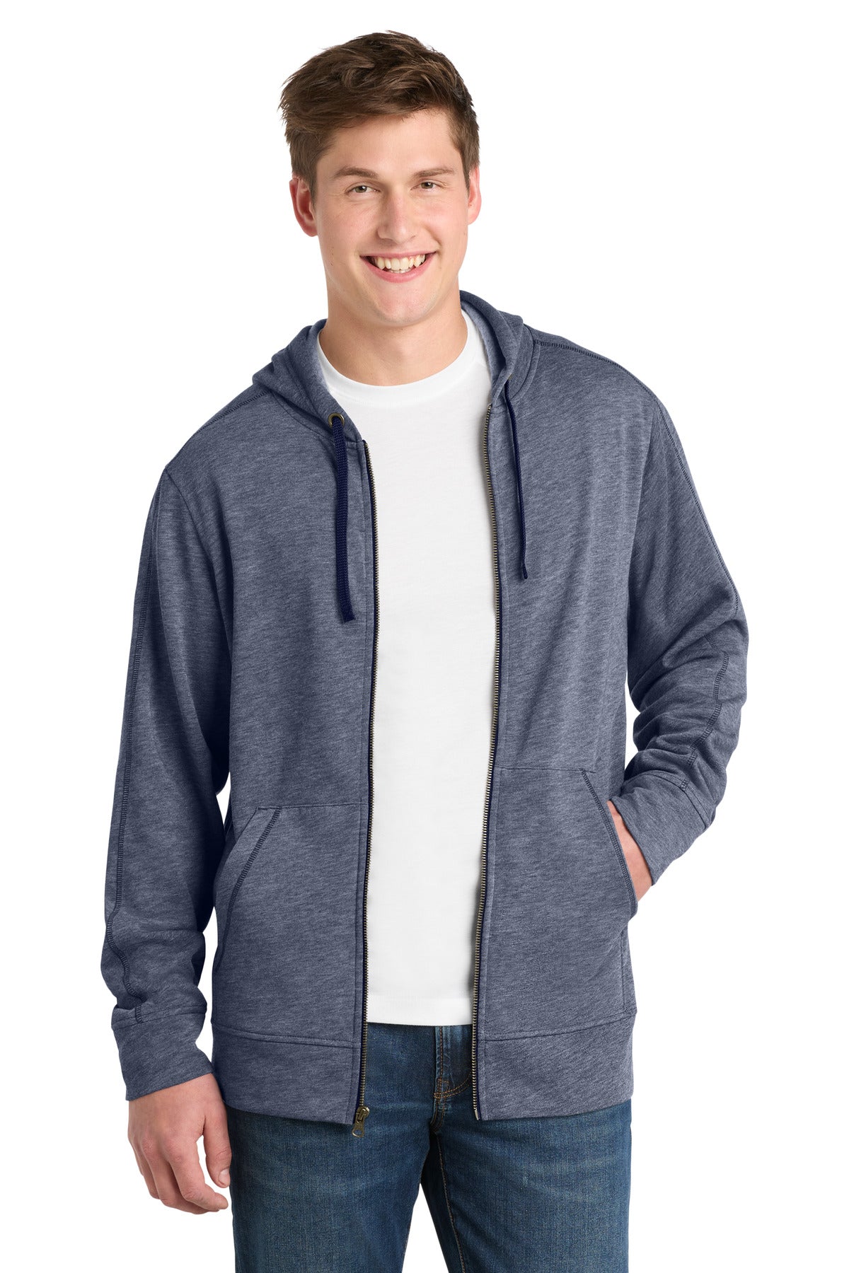 Custom logo Sport-Tek ® PosiCharge ® Tri-Blend Wicking Fleece Full-Zip Hooded Jacket ST293 in True Navy Heather