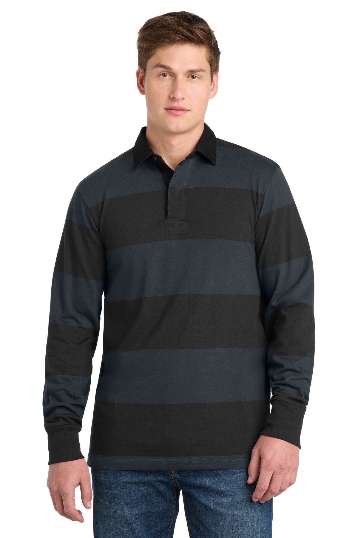 Custom logo Sport-Tek® Classic Long Sleeve Rugby Polo. ST301 in Black/ Graphite