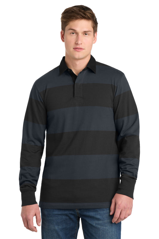 Custom logo Sport-Tek® Classic Long Sleeve Rugby Polo. ST301 in Black/ Graphite