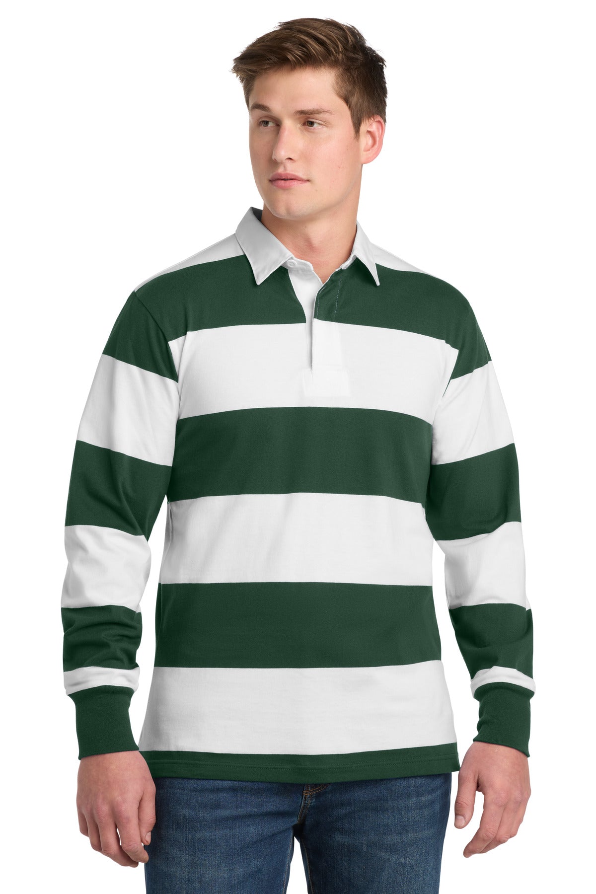 Custom logo Sport-Tek® Classic Long Sleeve Rugby Polo. ST301 in Forest Green/ White