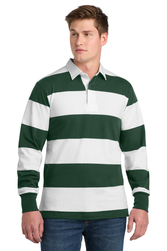 Custom logo Sport-Tek® Classic Long Sleeve Rugby Polo. ST301 in Forest Green/ White