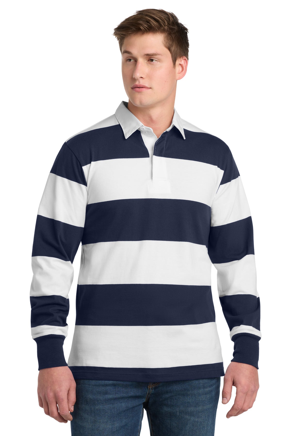 Custom logo Sport-Tek® Classic Long Sleeve Rugby Polo. ST301 in True Navy/ White