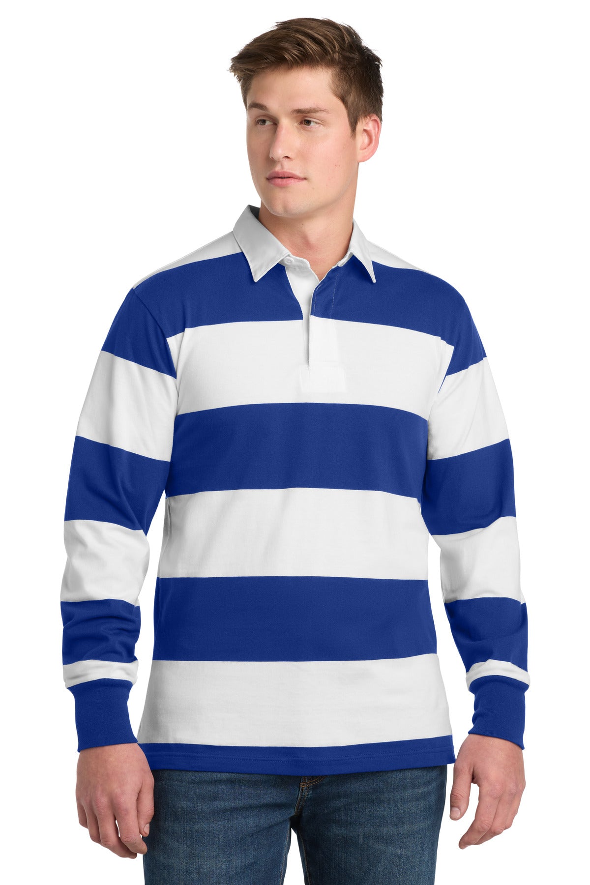 Custom logo Sport-Tek® Classic Long Sleeve Rugby Polo. ST301 in True Royal/ White