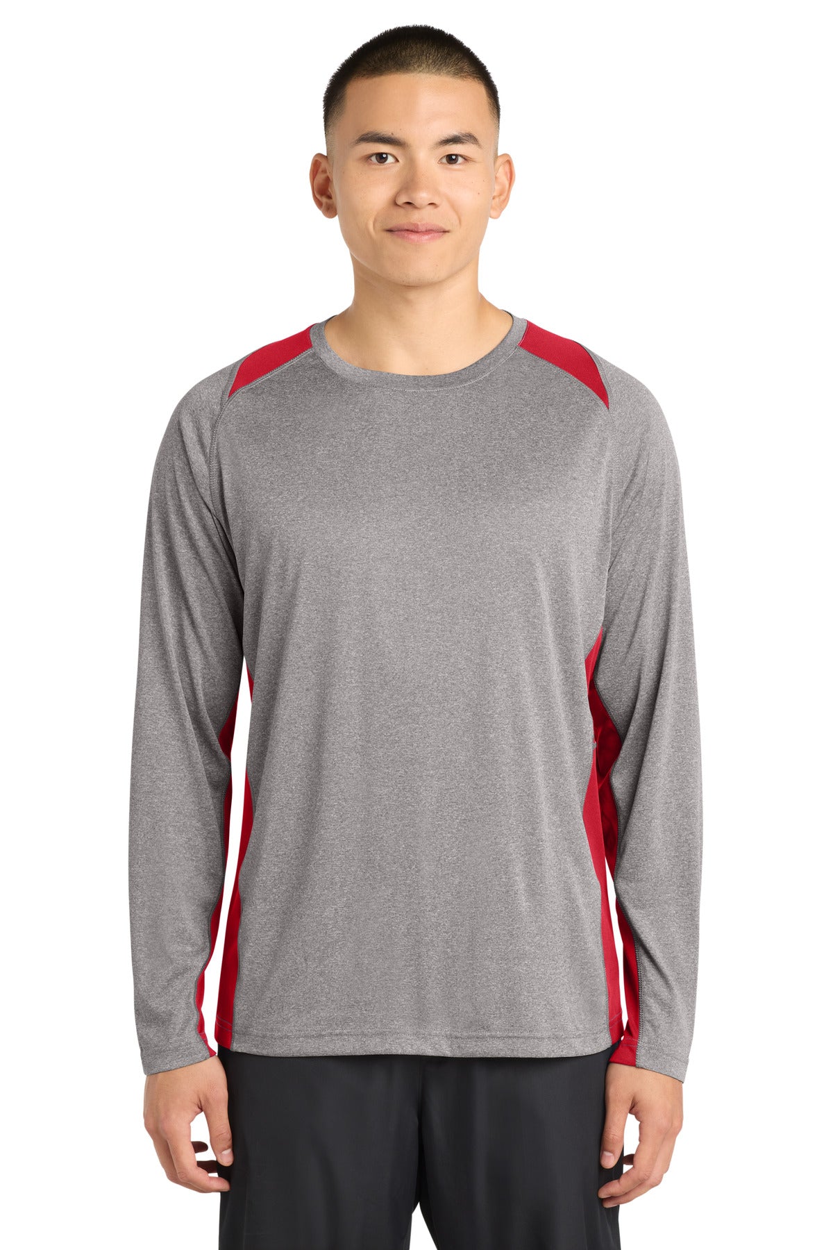 Custom logo Sport-Tek® Long Sleeve Heather Colorblock Contender™ Tee. ST361LS in Vintage Heather/ True Red