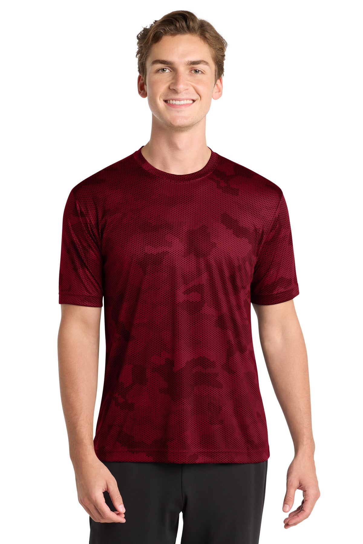 Custom logo Sport-Tek® CamoHex Tee. ST370 in Deep Red