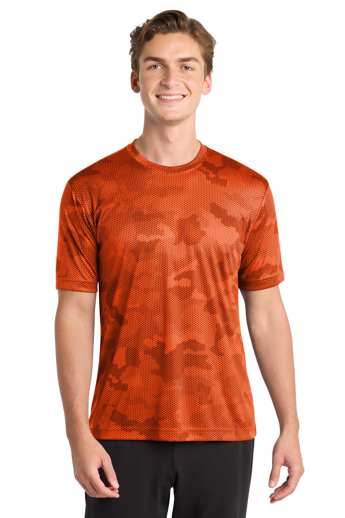 Custom logo Sport-Tek® CamoHex Tee. ST370 in Neon Orange
