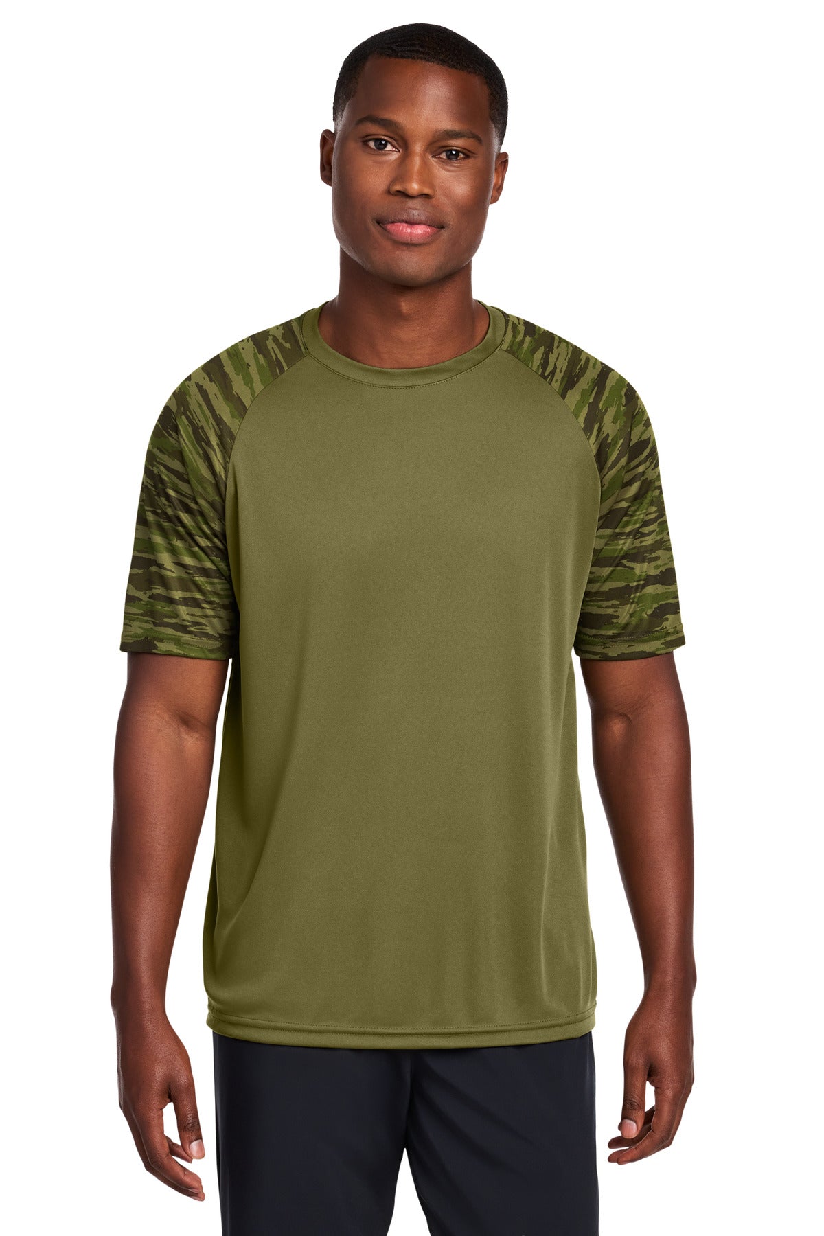 Custom logo Sport-Tek® Drift Camo Colorblock Tee ST376 in Olive Drab Green
