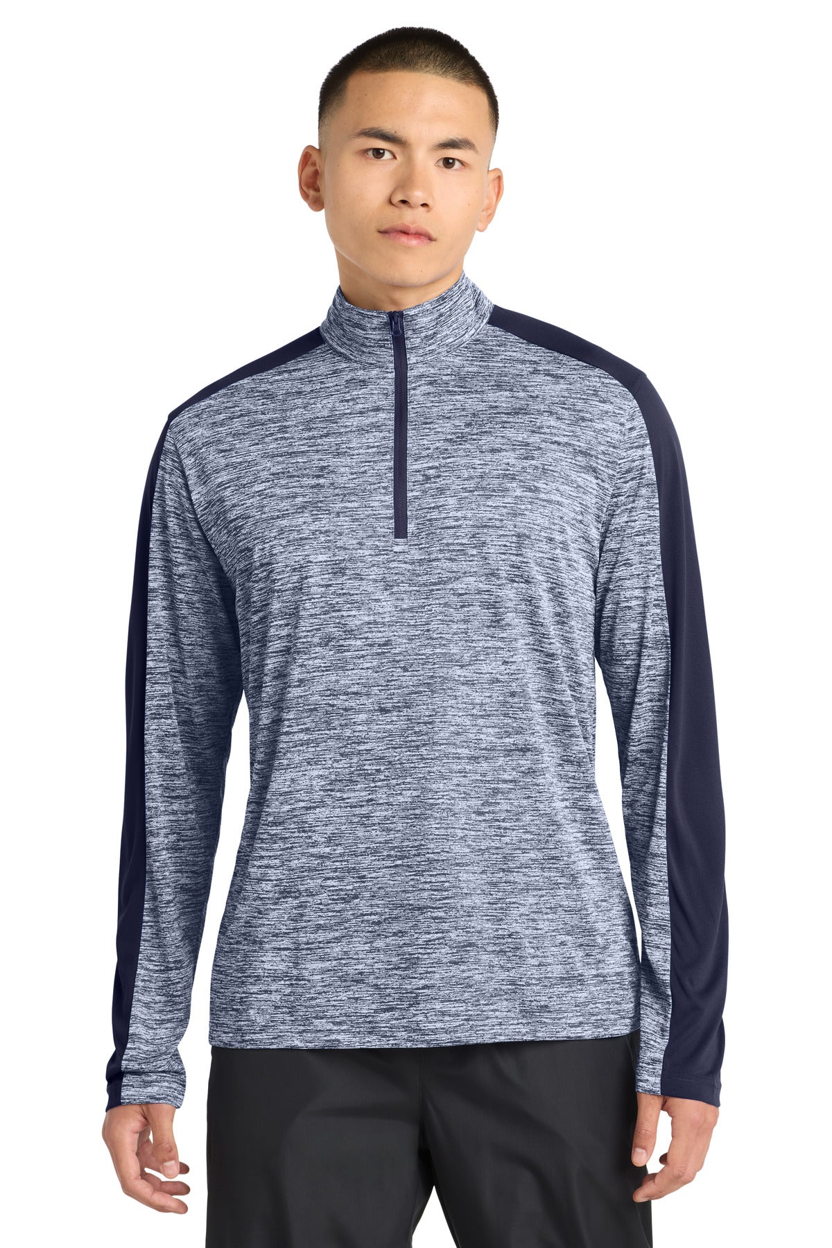 Custom logo Sport-Tek® PosiCharge® Electric Heather Colorblock 1/4-Zip Pullover. ST397 in True Navy Electric/ True Navy