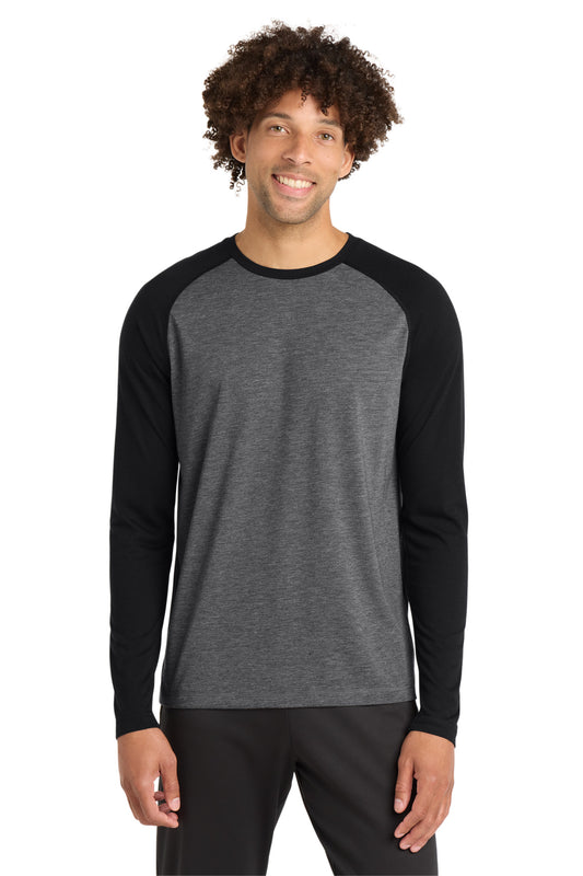 Custom logo Sport-Tek ® PosiCharge ® Long Sleeve Tri-Blend Wicking Raglan Tee ST400LS in Black Triad Solid/ Dark Grey Heather