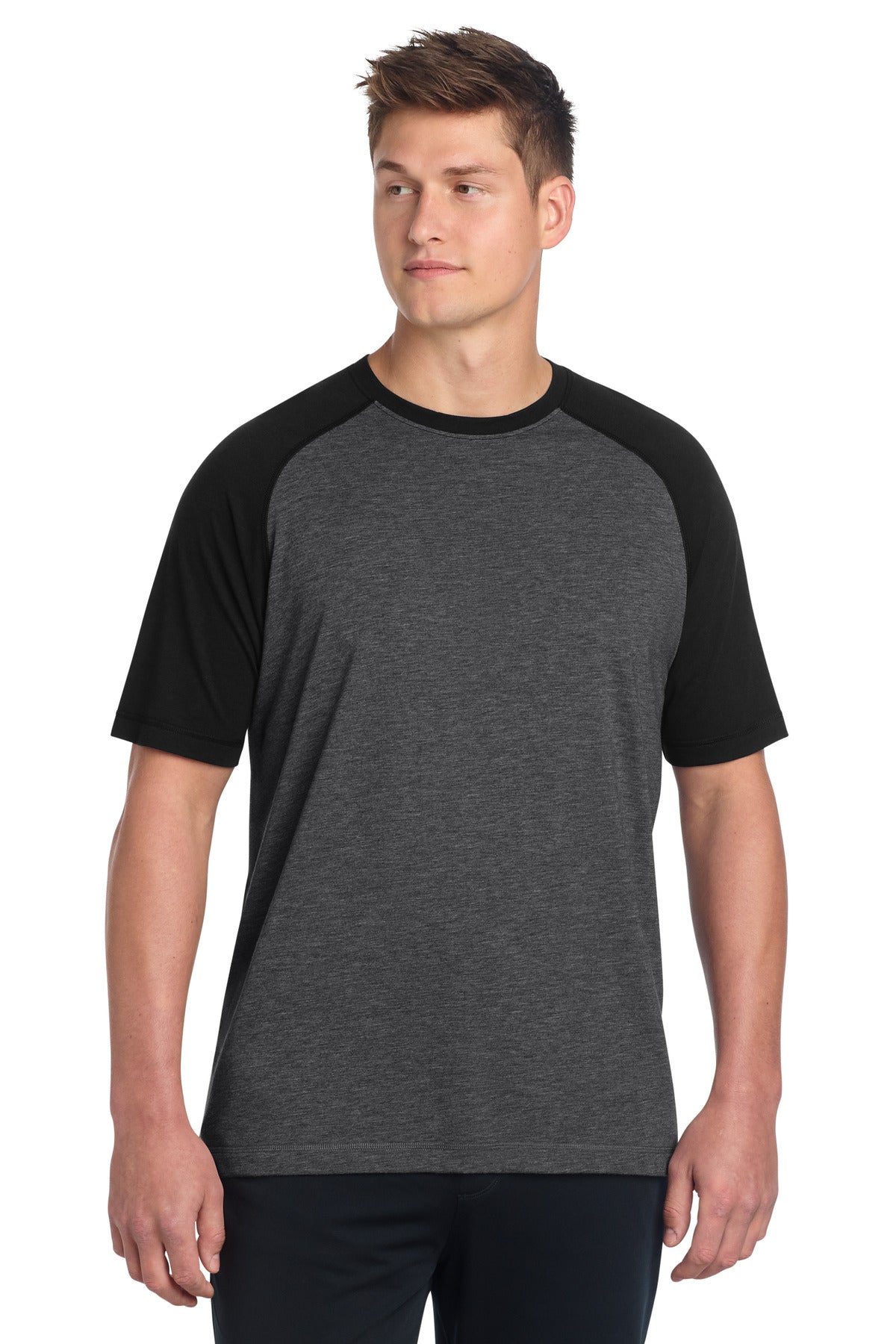 Custom logo Sport-Tek ® PosiCharge ® Tri-Blend Wicking Raglan Tee. ST400 in Black Triad Solid/ Dark Grey Heather