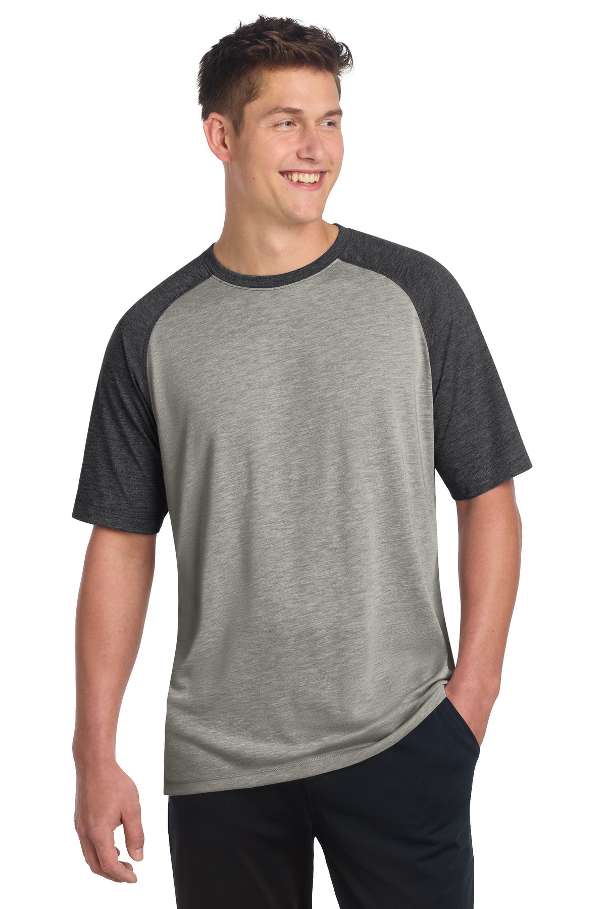Custom logo Sport-Tek ® PosiCharge ® Tri-Blend Wicking Raglan Tee. ST400 in Dark Grey Heather/ Light Grey Heather
