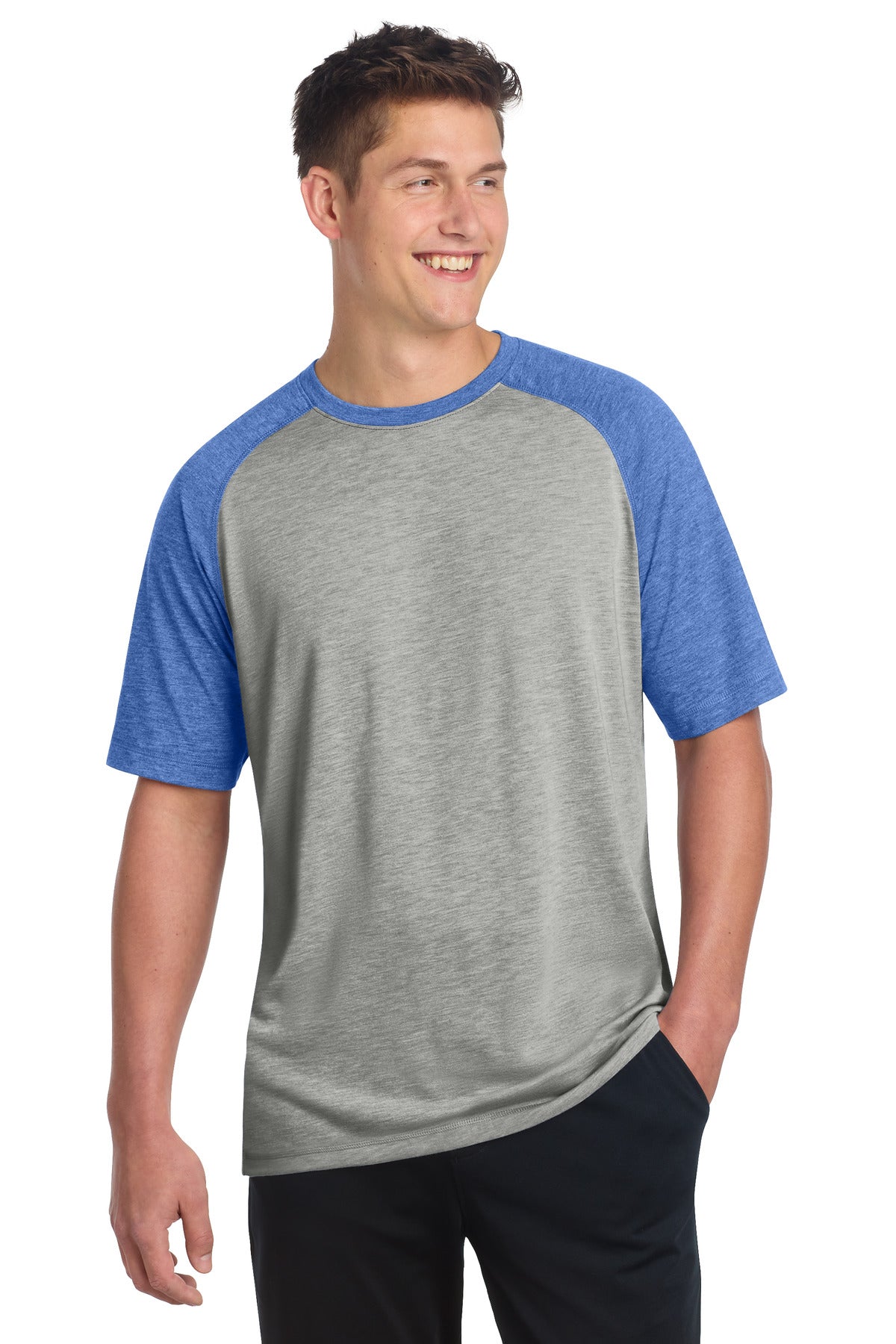 Custom logo Sport-Tek ® PosiCharge ® Tri-Blend Wicking Raglan Tee. ST400 in True Royal Heather/ Light Grey Heather