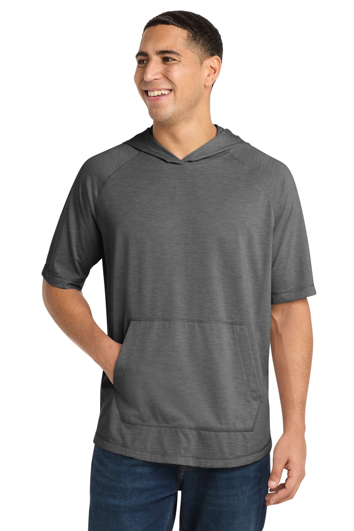 Custom logo Sport-Tek ® PosiCharge ® Tri-Blend Wicking Short Sleeve Hoodie. ST404 in Dark Grey Heather