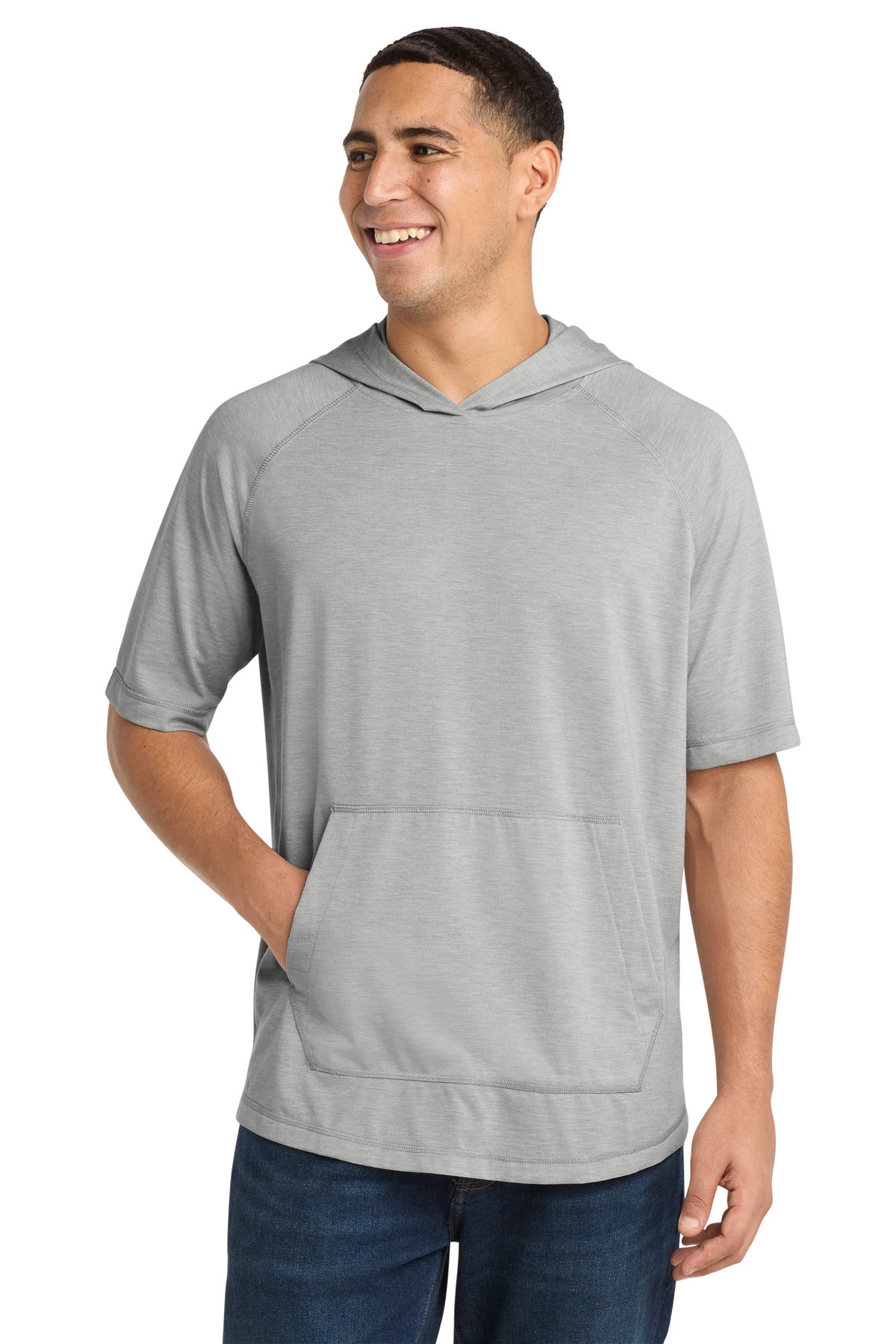 Custom logo Sport-Tek ® PosiCharge ® Tri-Blend Wicking Short Sleeve Hoodie. ST404 in Light Grey Heather
