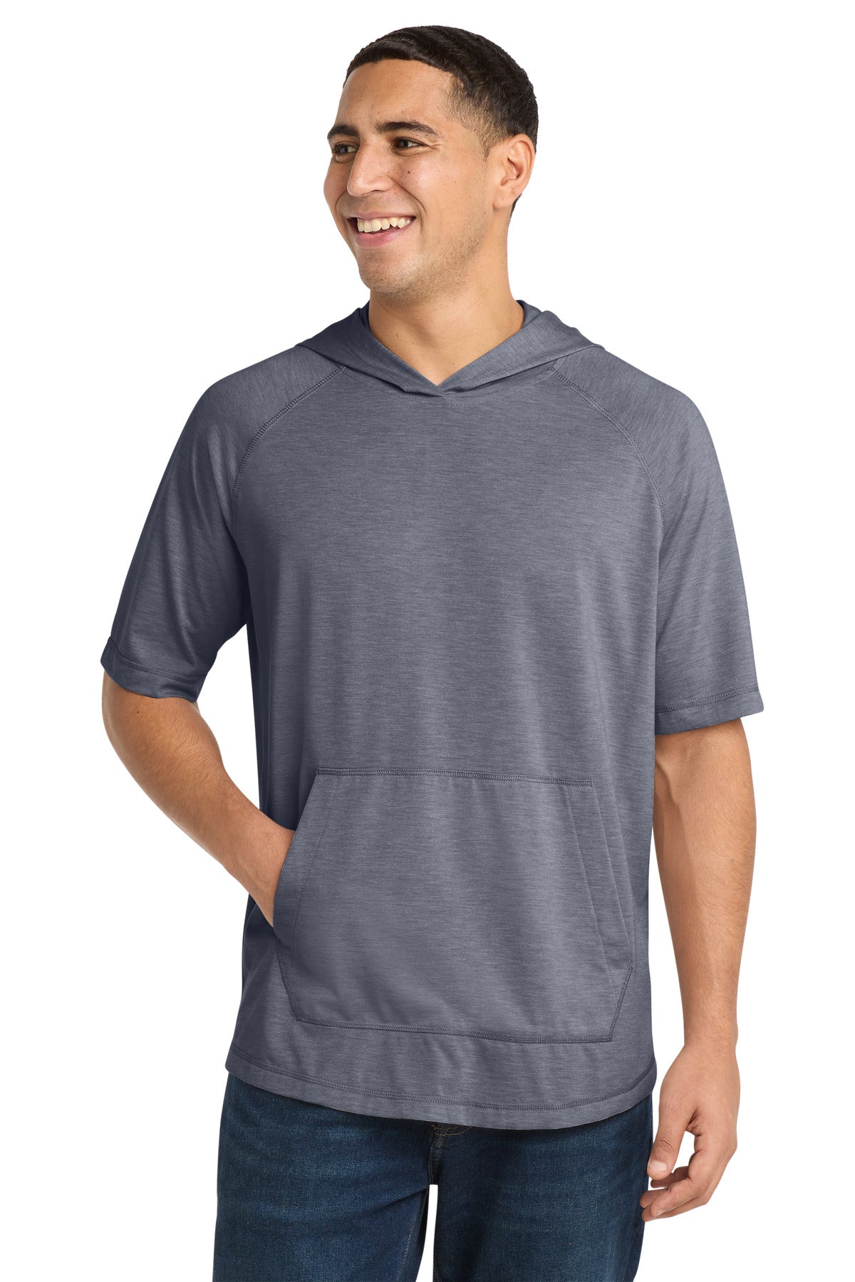 Custom logo Sport-Tek ® PosiCharge ® Tri-Blend Wicking Short Sleeve Hoodie. ST404 in True Navy Heather