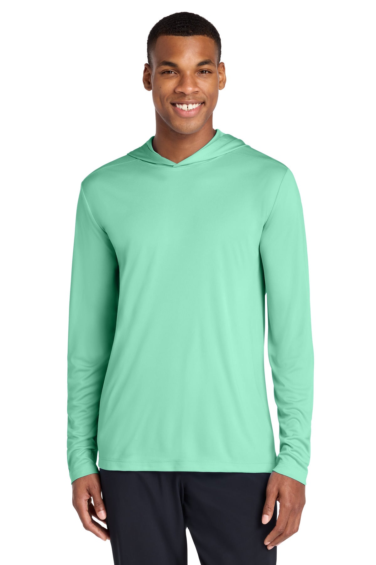 Custom logo Sport-Tek® Posi-UV® Pro Long Sleeve Hoodie ST420LSH in Bright Seafoam