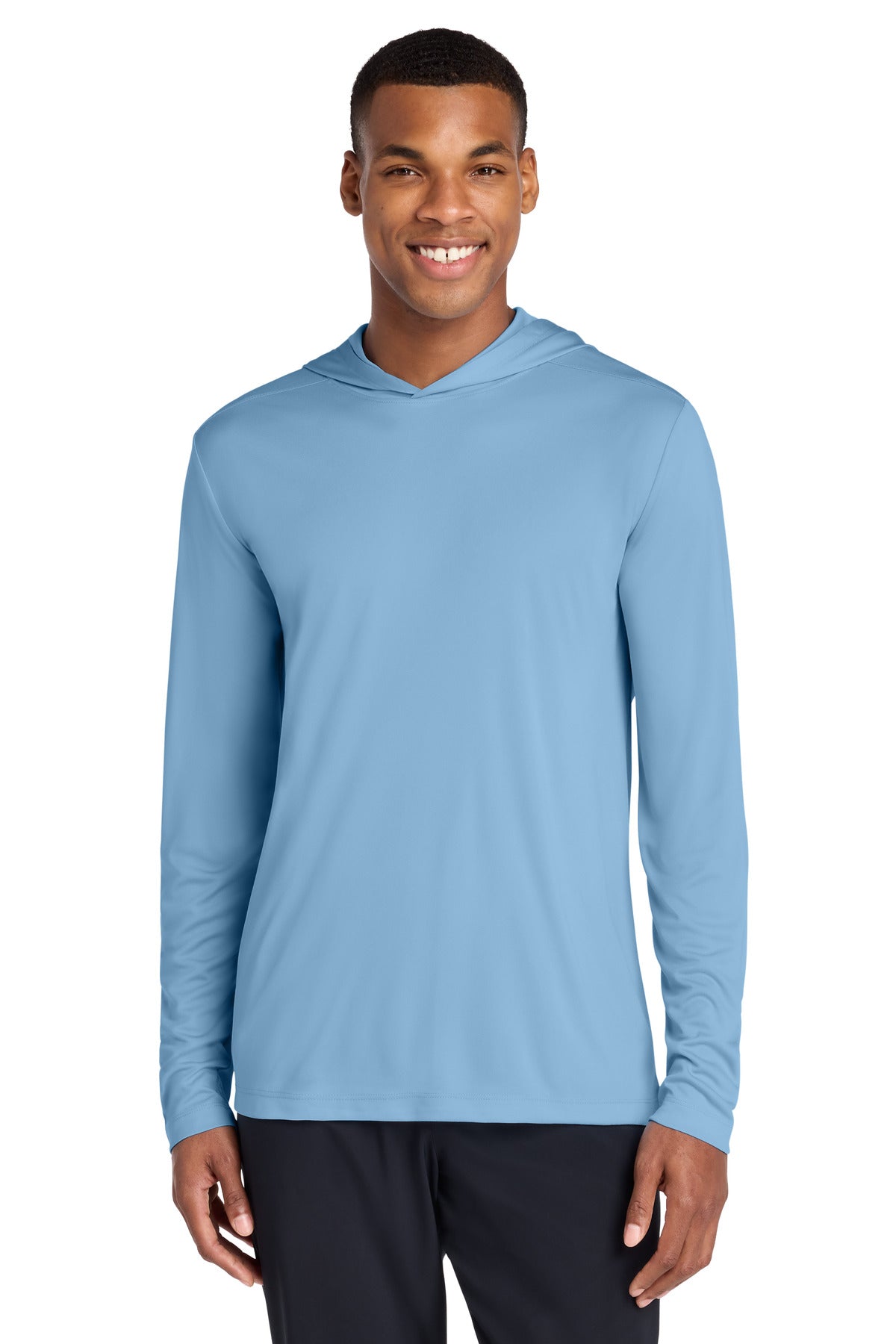 Custom logo Sport-Tek® Posi-UV® Pro Long Sleeve Hoodie ST420LSH in Light Blue