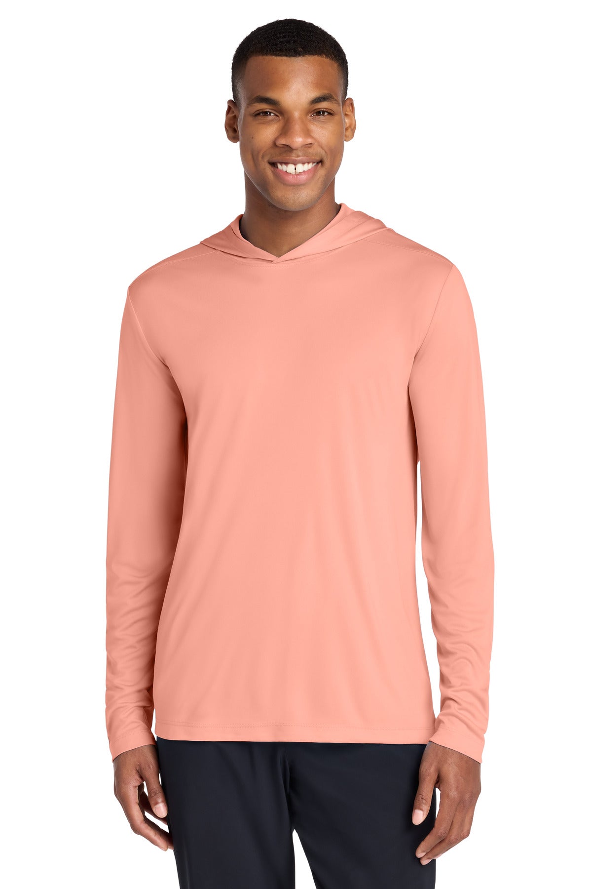 Custom logo Sport-Tek® Posi-UV® Pro Long Sleeve Hoodie ST420LSH in Soft Coral