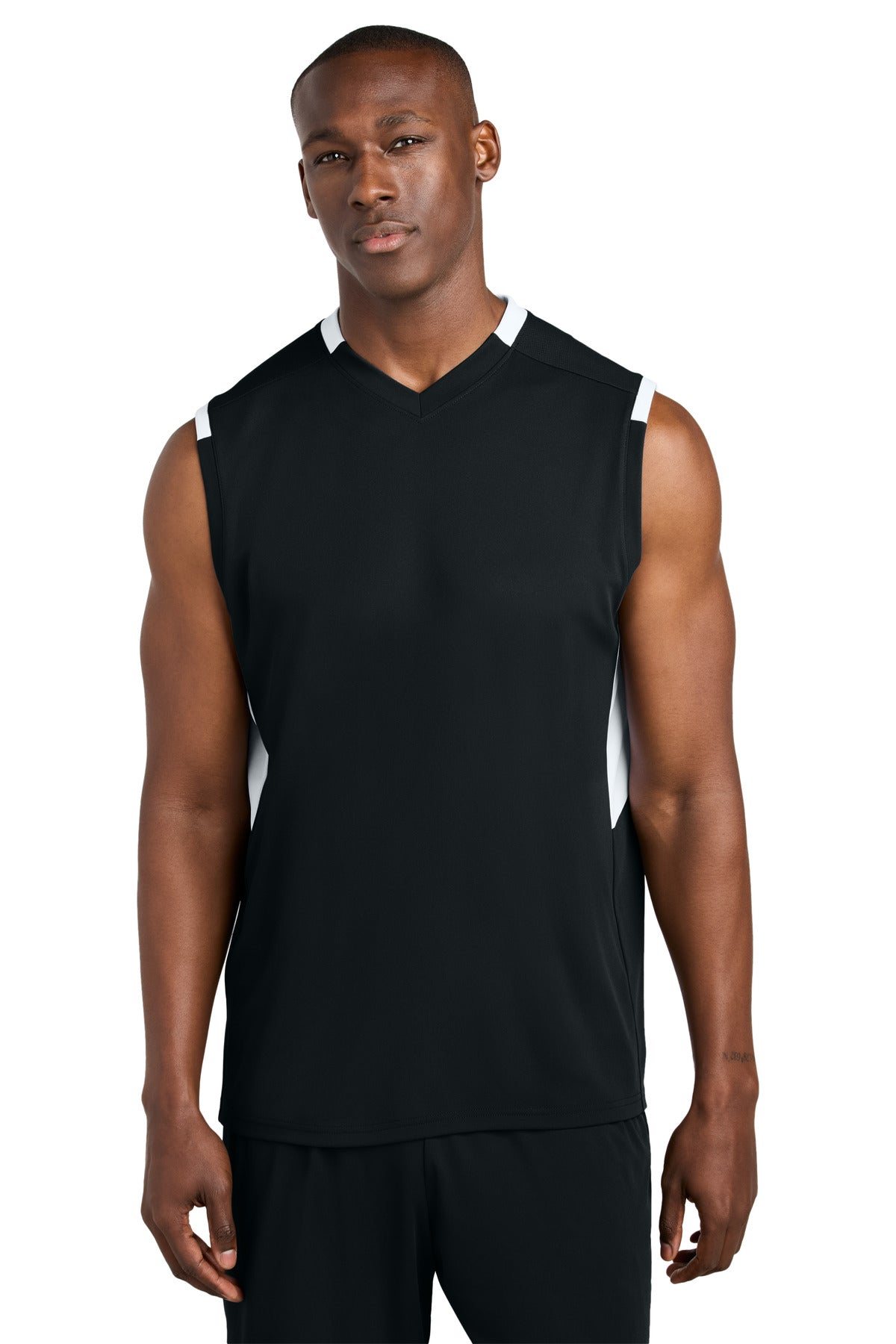 Custom logo Sport-Tek® Club Sleeveless V-Neck ST441 in Black/ White