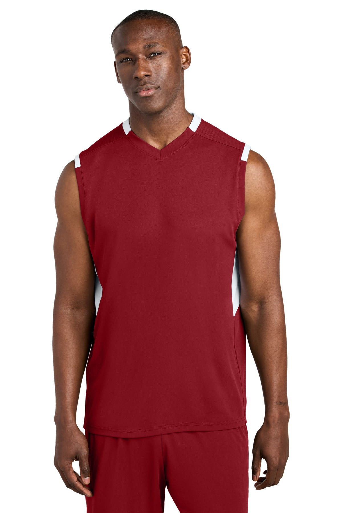 Custom logo Sport-Tek® Club Sleeveless V-Neck ST441 in Deep Red/ White