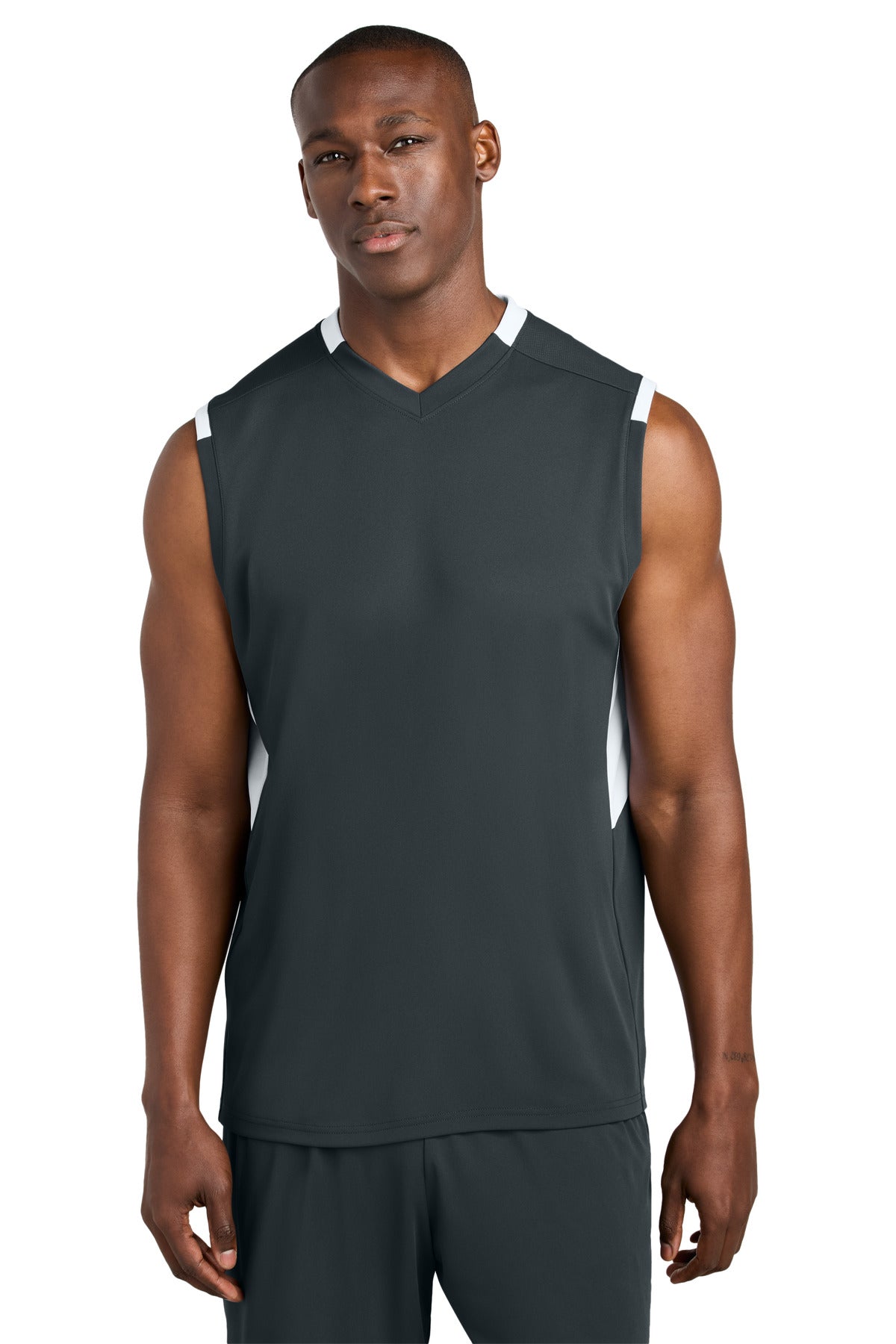 Custom logo Sport-Tek® Club Sleeveless V-Neck ST441 in Iron Grey/ White