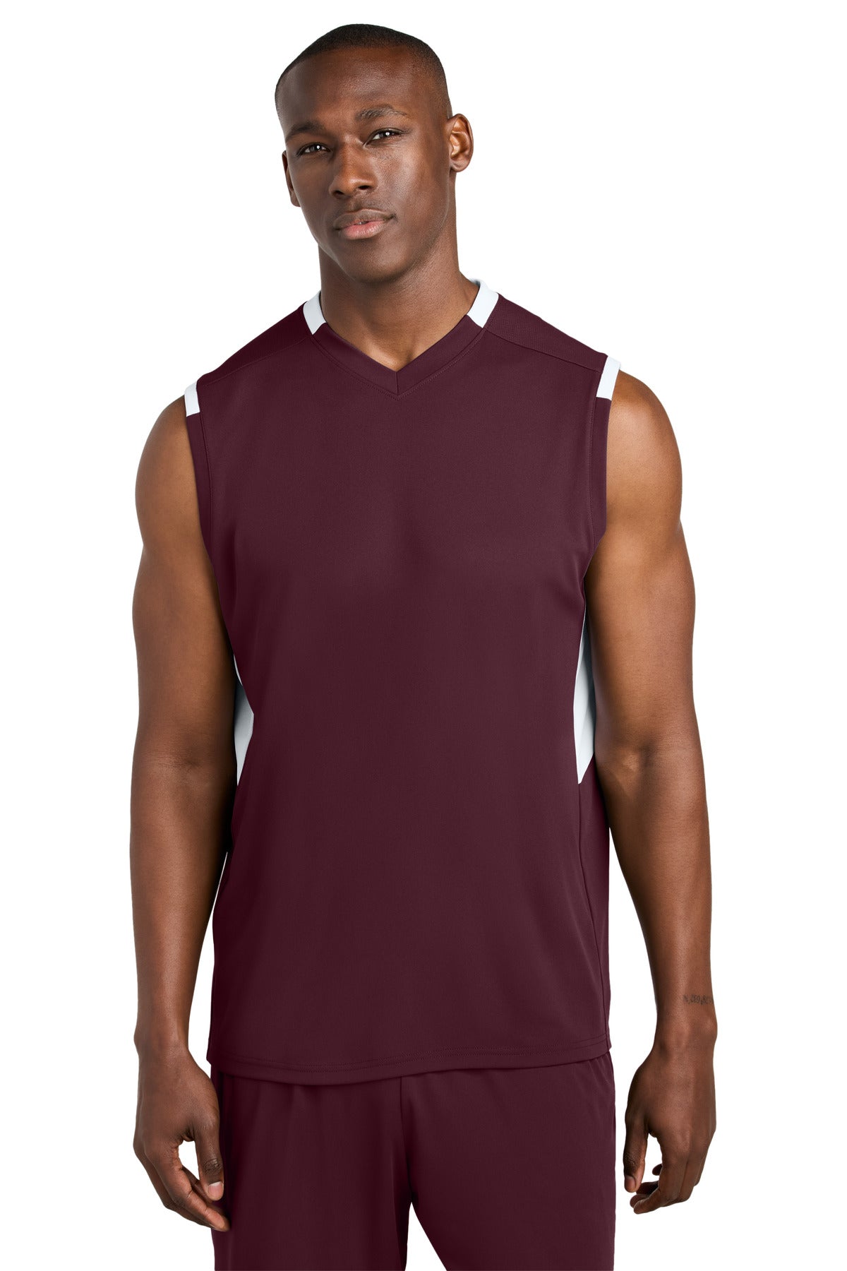 Custom logo Sport-Tek® Club Sleeveless V-Neck ST441 in Maroon/ White